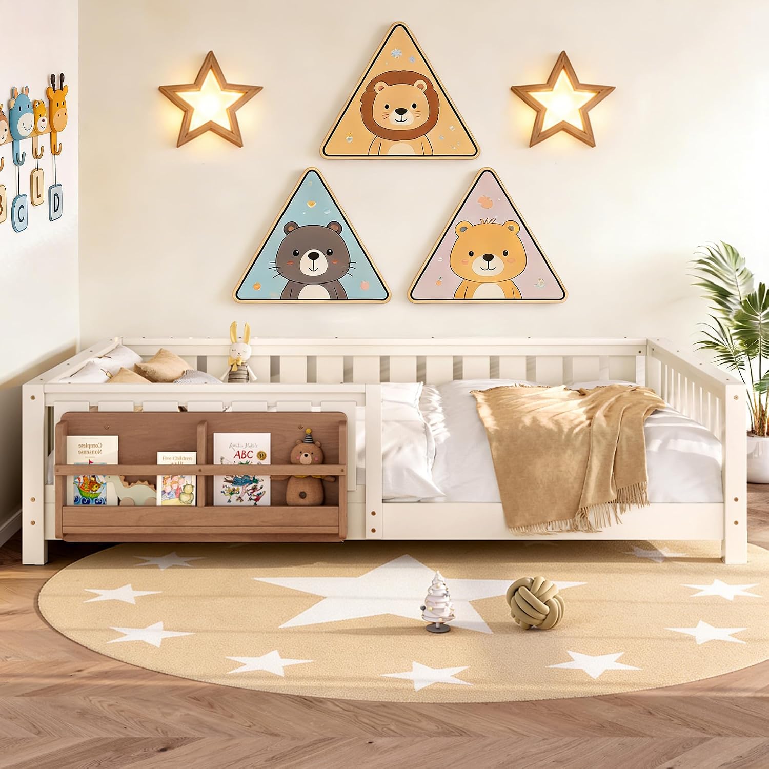 Bellemave Queen Size Montessori Floor Bed Frame, Kids Floor Bed Queen with Bookshelf and Safety Guardrails for Girls Boys, Beige