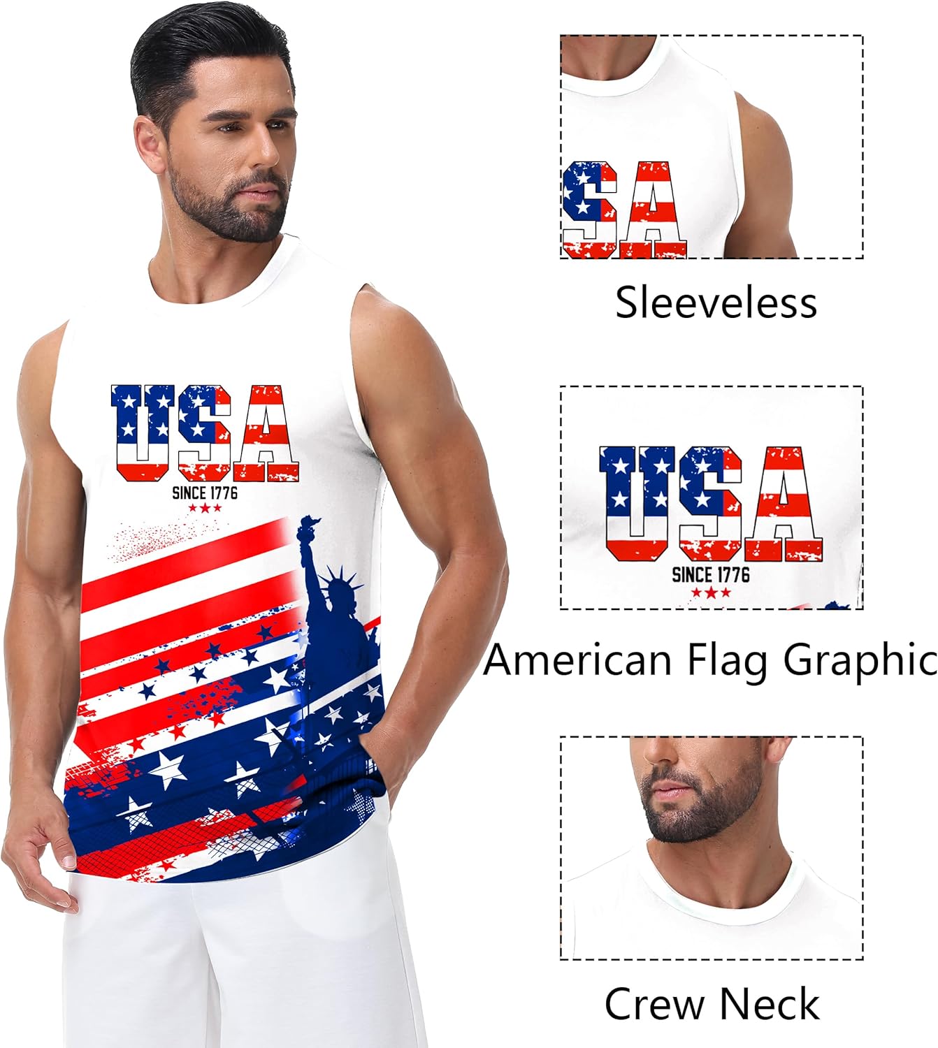 AOBUTE Mens 4th of July Tank Top Patriotic American Flag Sleeveless Muscle Shirt - Image 3