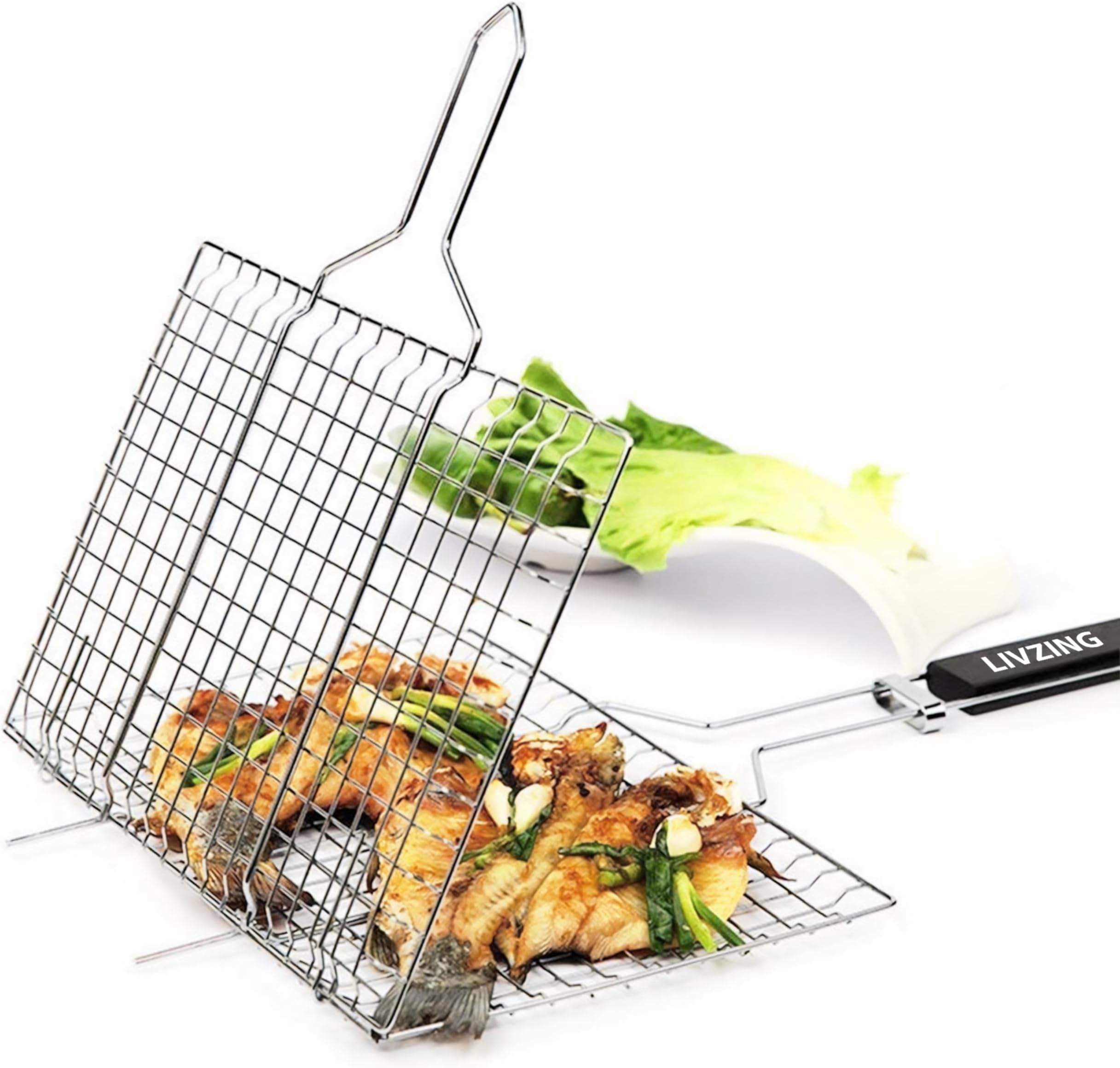 Portable Barbecue Grill Foldable BBQ Basket Non Stick Iron Grilling Net Basket Roast Grilling-Powder Coated with Wooden Handle-Grilling Fish Steak Seafood-Outdoor Kitchen Tool
