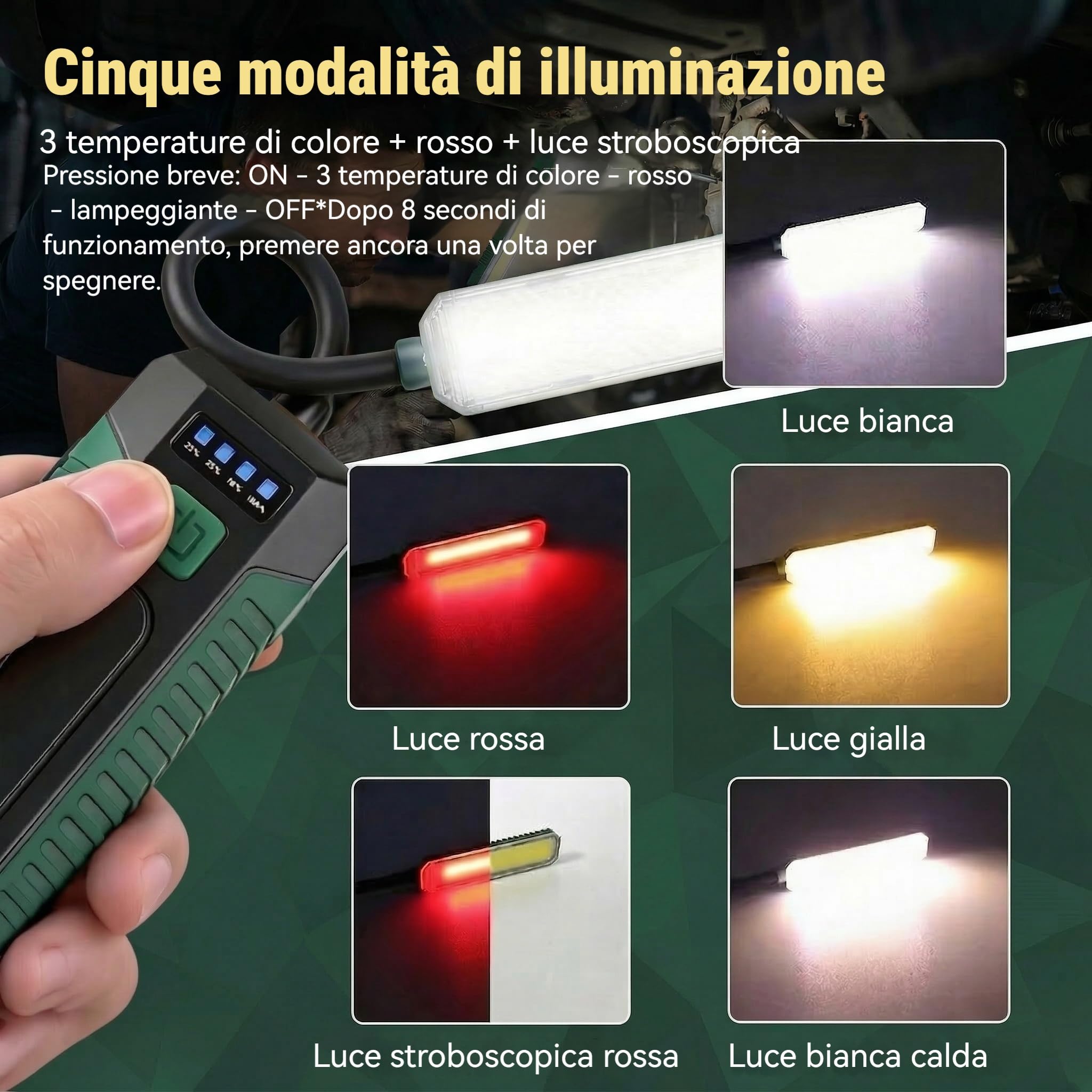 LETOUR Lampada di ispezione con tubo flessibile, magnete girevole a 360°, gancio, 5 modalità e 4 indicatori di carica LED, lampada da officina, regalo per uomini