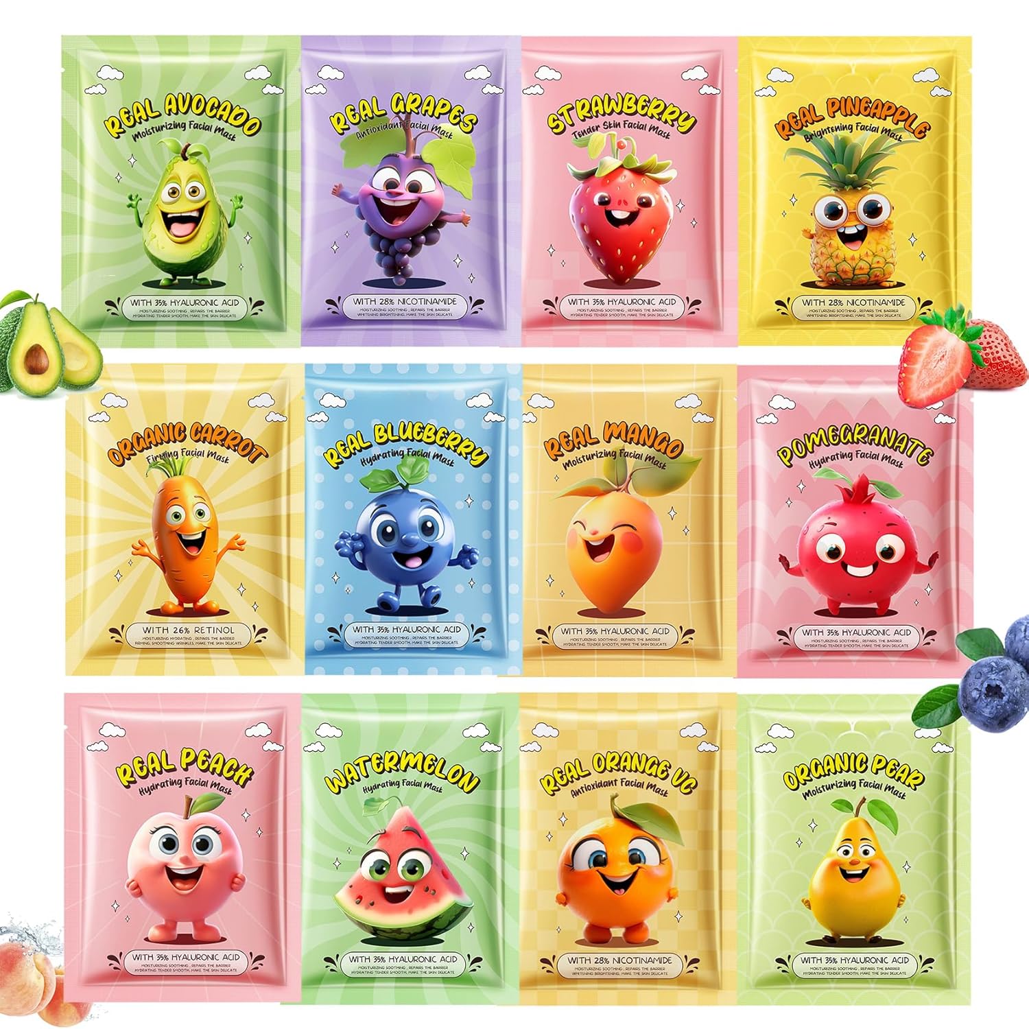 12 PCS Fruit Face Masks for Kids, Girls Kids Facial Mask Spa, Spa Party Supplies for Girls Women, Facial Mask Skincare Gifts set for Kids, Moisturize Soothe for All Skin Types