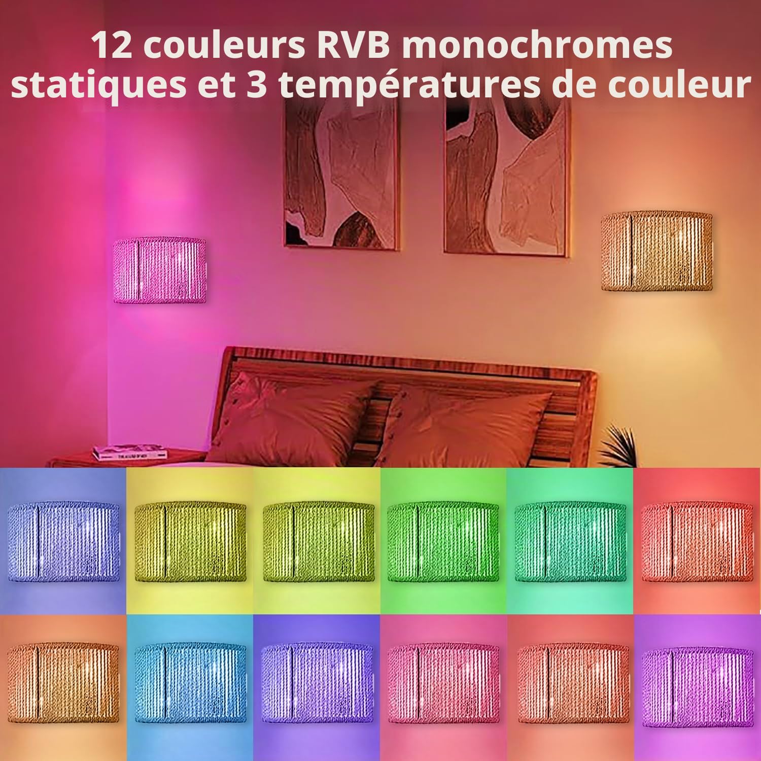 E27 Applique Murale RVB Dimmable Lampe Murale avec Télécommande Corde Chanvre Rotin Bohème Lampe Murale Intérieure Éclairage Mural Retro Luminaires Intérieur pour Salon Chambre Couloir Salon