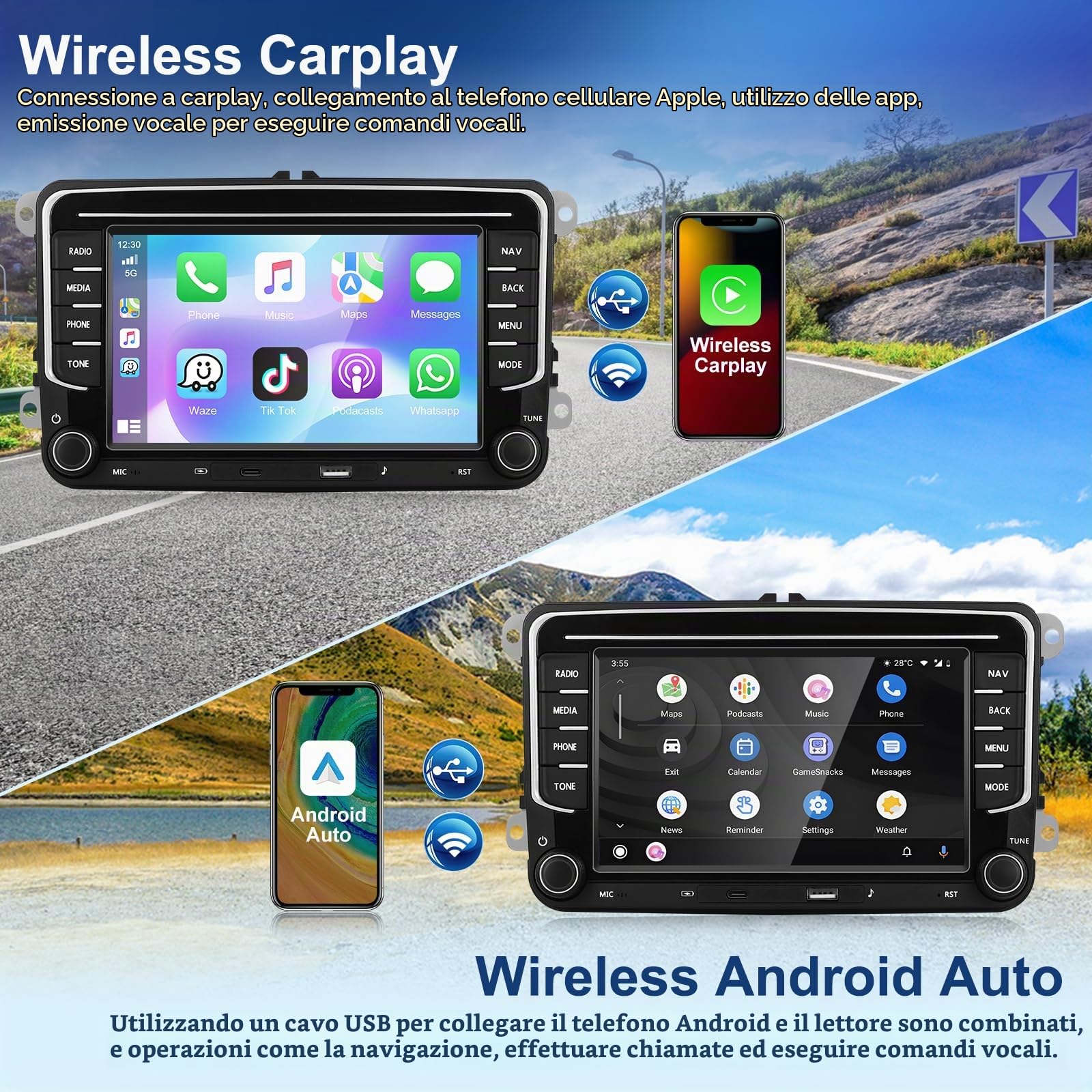 Autoradio Apple CarPlay 4G+64G per VW/Seat/Skoda/Passat/Golf/Polo, CarPlay Wireless e Android Auto, Touch Screen HD da 7", 2 DIN, Bluetooth, GPS/SWC/FM/RDS/USB, Telecamera per la retromarcia AHD, Mic