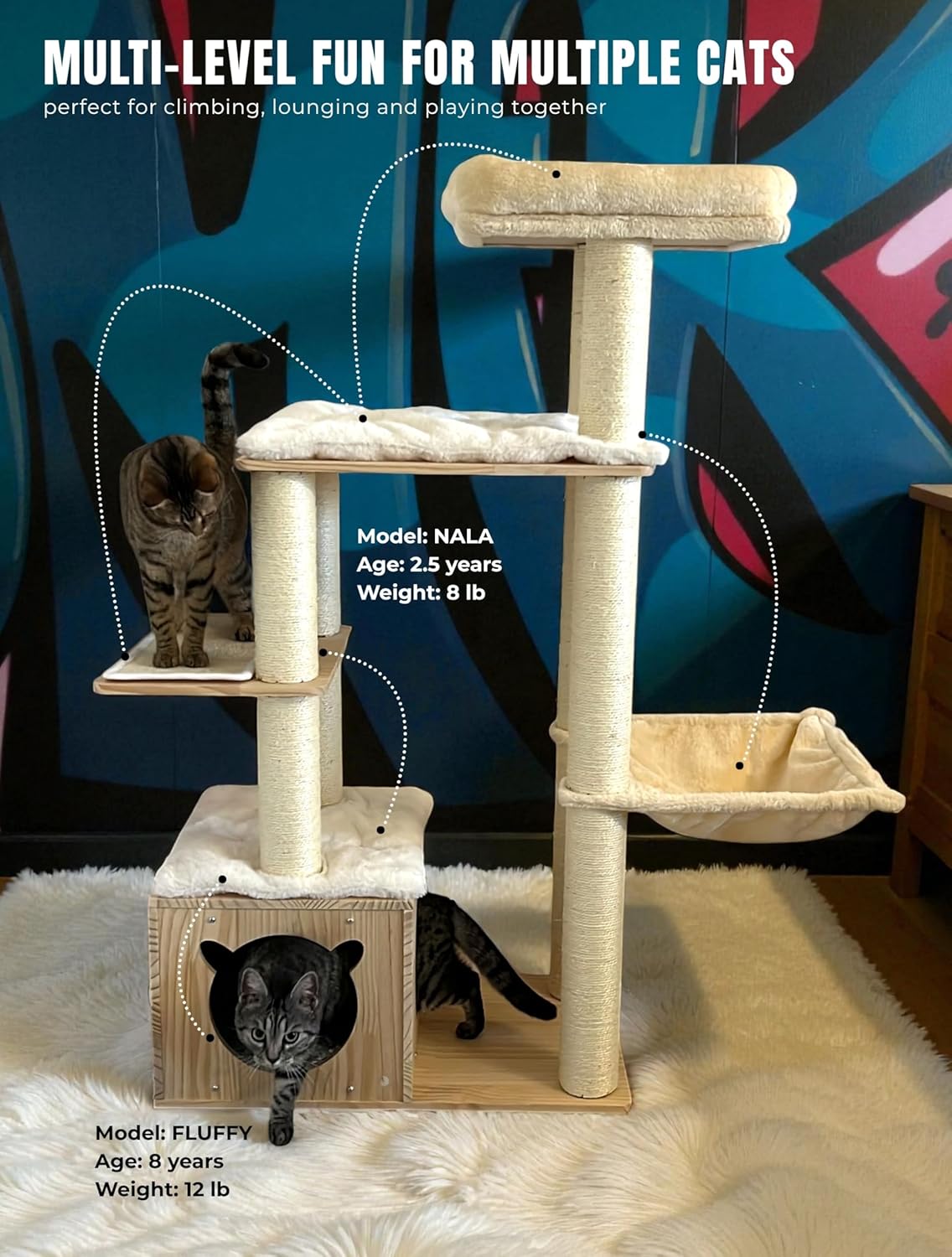 Multi-Level Pine Wood Cat Tree Tower for Indoor Large Cats - Solid Cat Condo House with Hammock - Sisal Scratching Posts - Sturdy Cat Furniture, 49", Beige