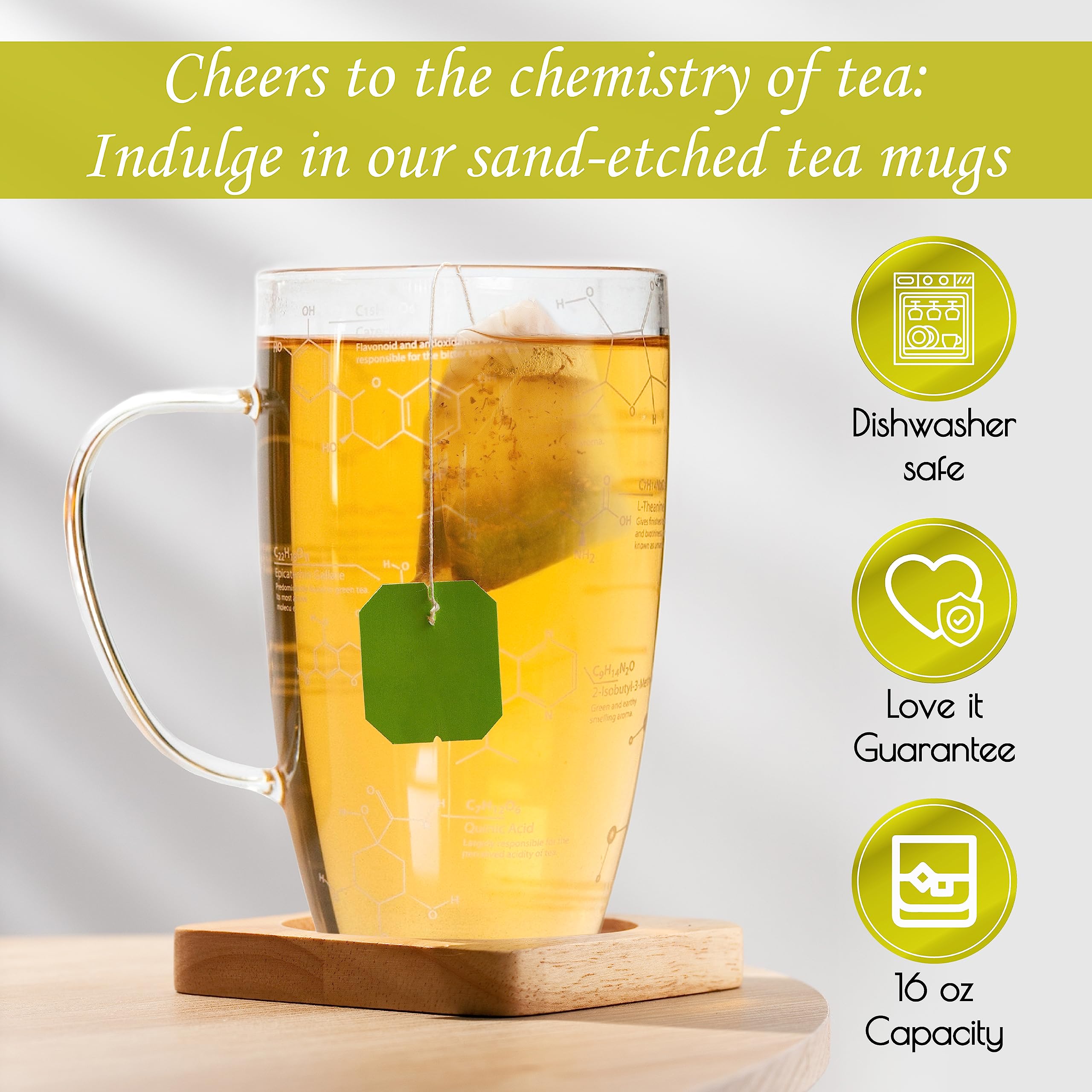 Greenline Goods Glass Tea Cups With Tea Chemistry Etching - 18 Oz Tumbler Set Of 2, Science Themed Mug