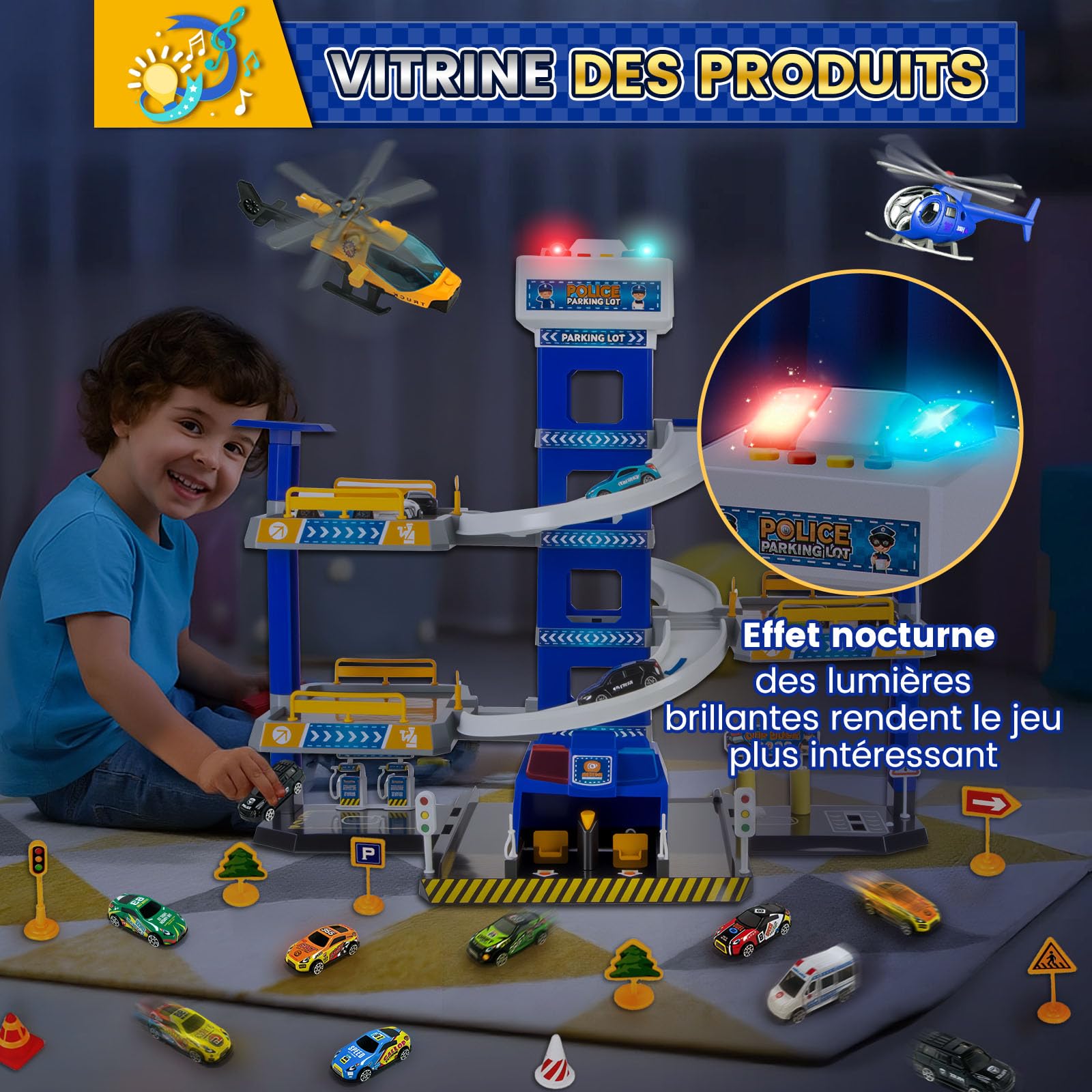 BuzzoXerex 5 Etages Garage pour Enfants, Piste de Course avec 14 Voitures et 2 Hélicoptère, Jouet Garage Voiture avec Ascenseur Electrique Circuit, Cadeaux pour Enfants 5 6 7 8 9 Ans (Police)