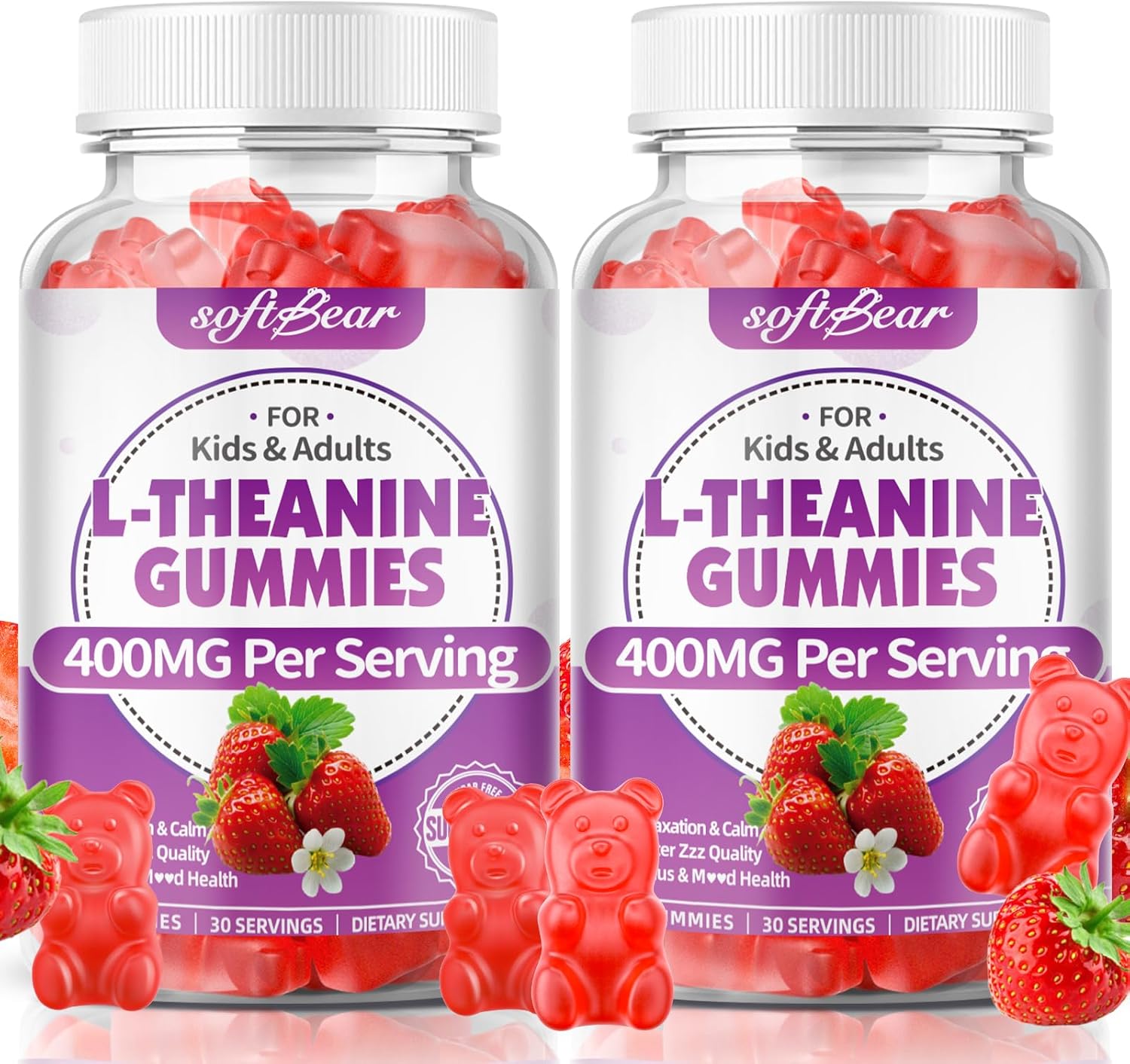 softbear L-Theanine Gummies 400mg for Kids & Adults, L Theanine Supplement with Ashwagandha, GABA, 5-HTP Supports Calm & Relax & Focus, Sugar-Free/Vegan/GMO-Free, Strawberry Flavor 120 Count