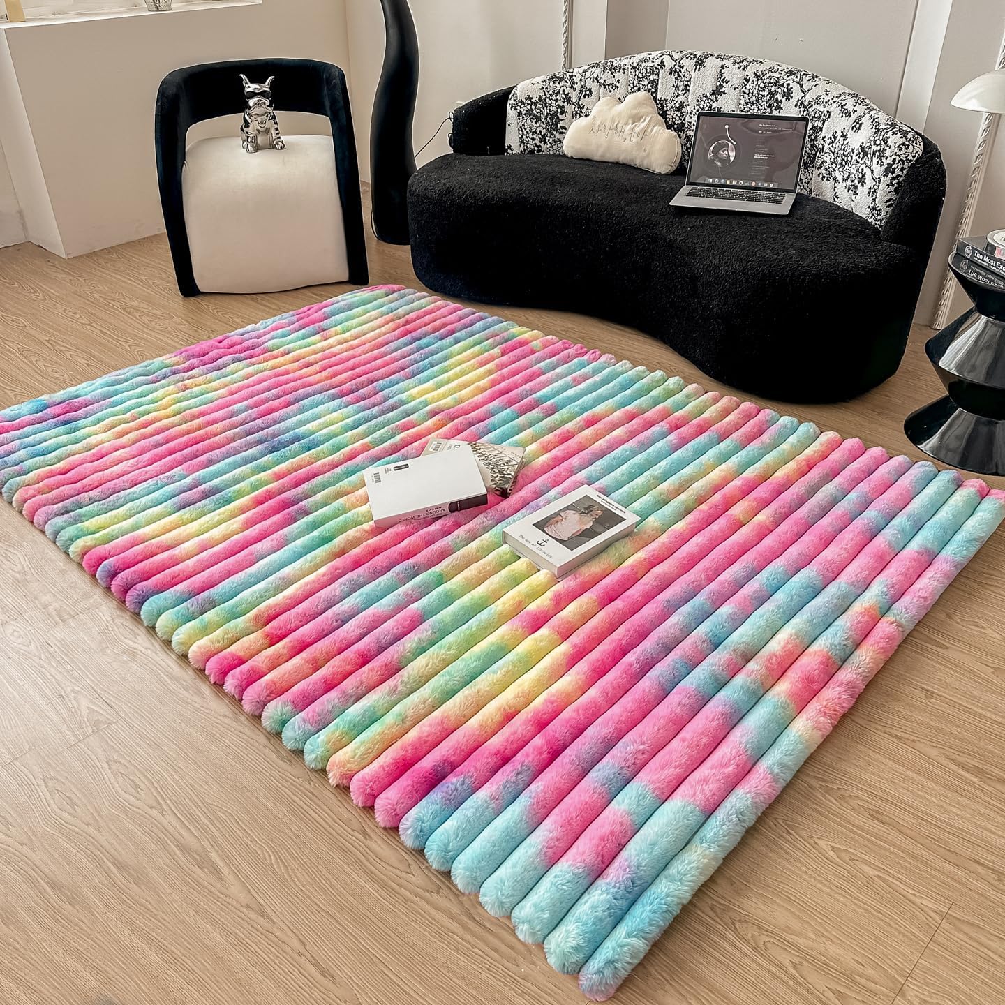 Rainbow Rabbit Plush Striped Area Rug for Bedroom Living Room Sofa,4'x6' Fluffy Shaggy Rectangular Square Rug for Kids Teen Girls Room,Furry Carpet Rug for Nursery Baby Room Rainbow 4'x6'(Rectangle)