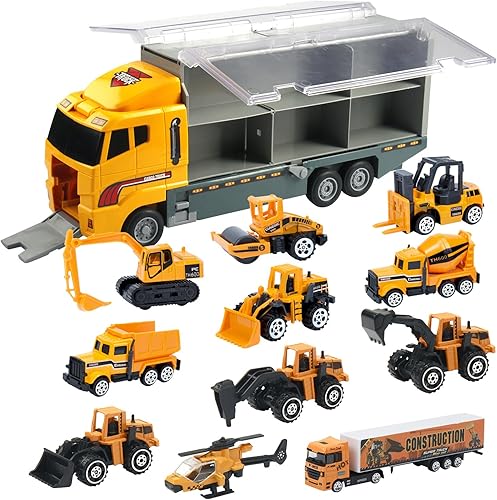 Oumoda - Vehículo de transporte 11 en 1 camión de construcción moldeado a presión vehículos y coches de juguete juego de vehículos en camión de