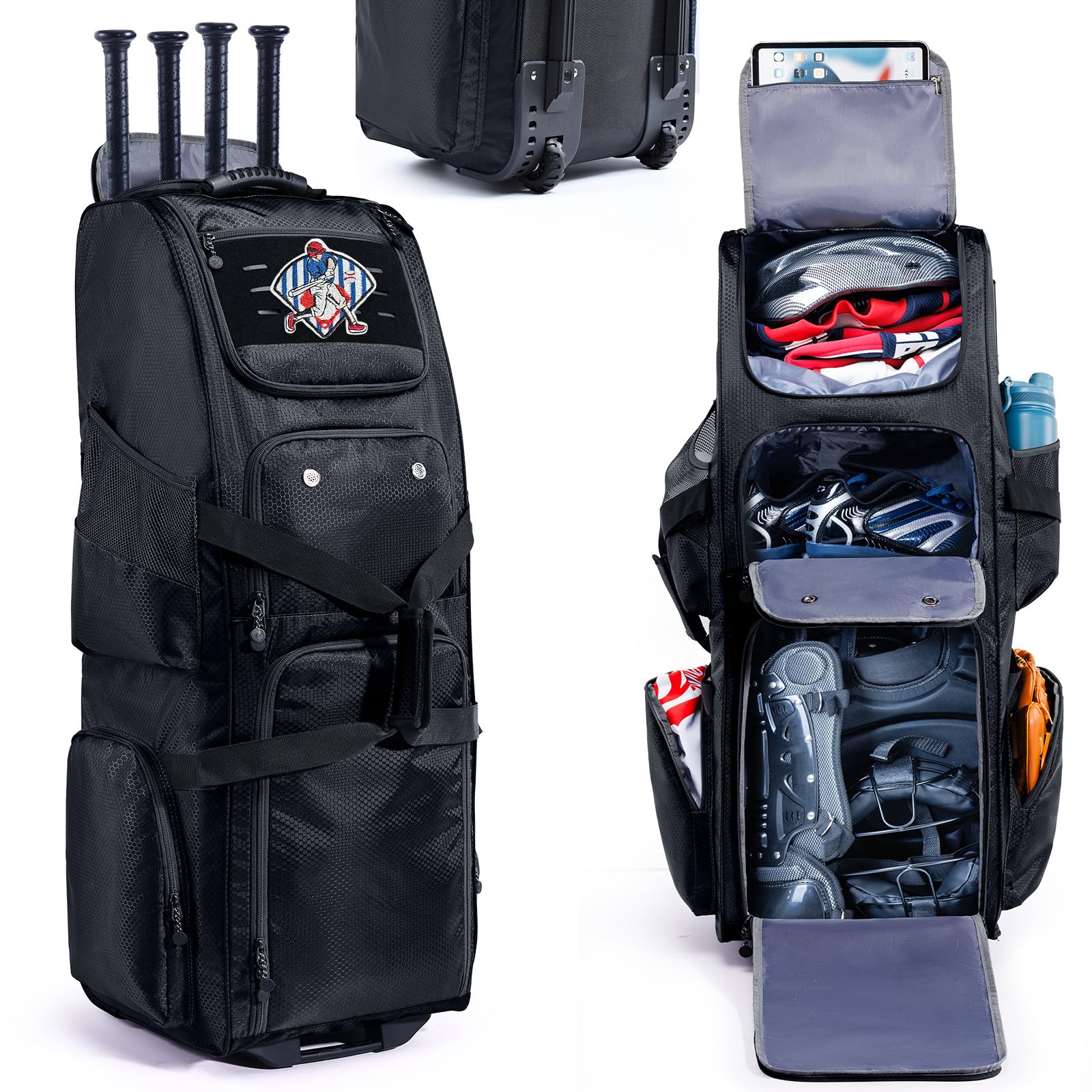 Rolling Baseball Bat Bag with Wheels, Large Capacity Gear Bag Holds 4 Bats