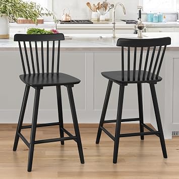 LUE BONA Upgraded Windsor Wooden Black Bar Stools Set of 2, 24 Inch Counter Height Barstools with Spindle Back/Bigger Seat for Kitchen Island