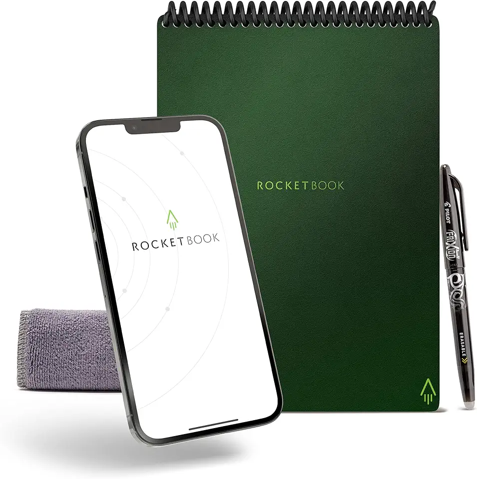Bloco de Notas Rocketbook Flip – com 1 caneta Pilot Frixion e 1 pano de microfibra incluído – capa verde, tamanho executivo (15,24 cm x 22,36 cm) (FLP-E-K-CKG)