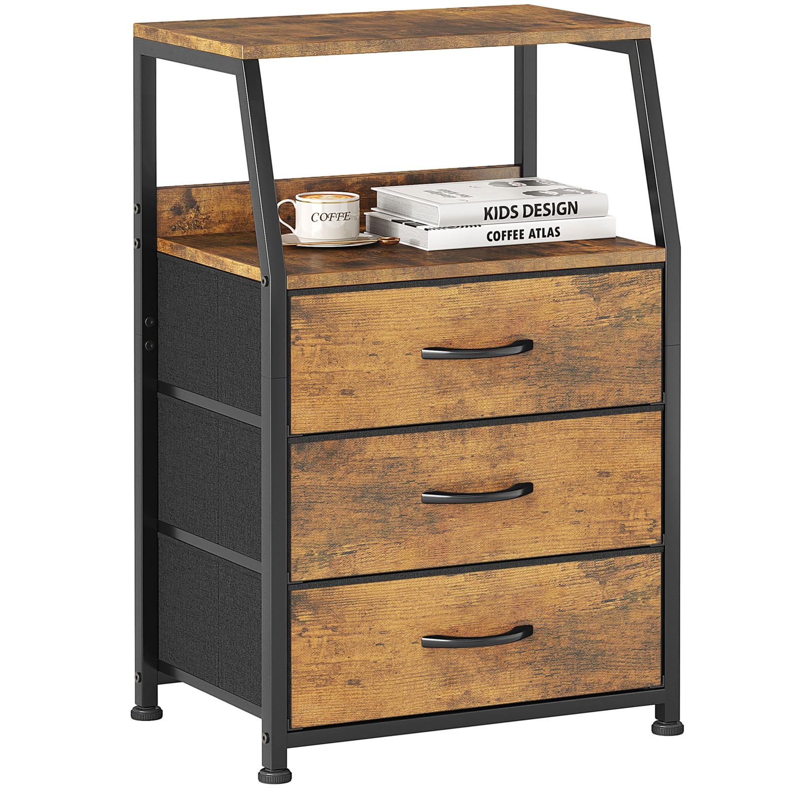 CAIYUN Cómoda, mesita de noche, mesa auxiliar, cómoda con 3 cajones, cómoda para dormitorio, armario, armario de almacenamiento Fácil de montar, estable (Marrón rústico, 3 capas)