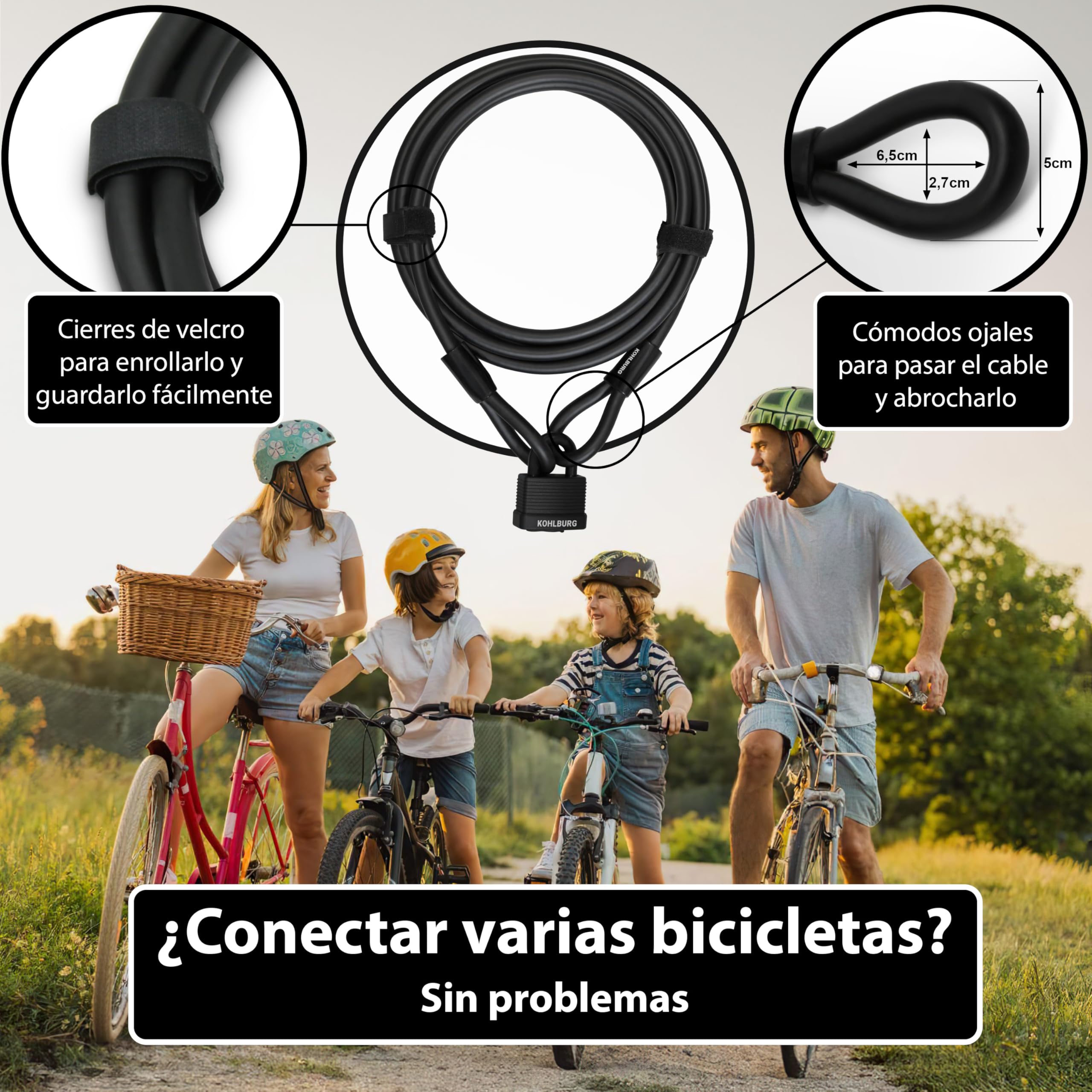 KOHLBURG Candado bicicleta de cable [500 cm, de acero, con 3 llaves] antirrobo – de cierre rápido, 5 m con bucle para bici, candado patinete electrico, remolque, cochecito, carrito de bebé y muebles