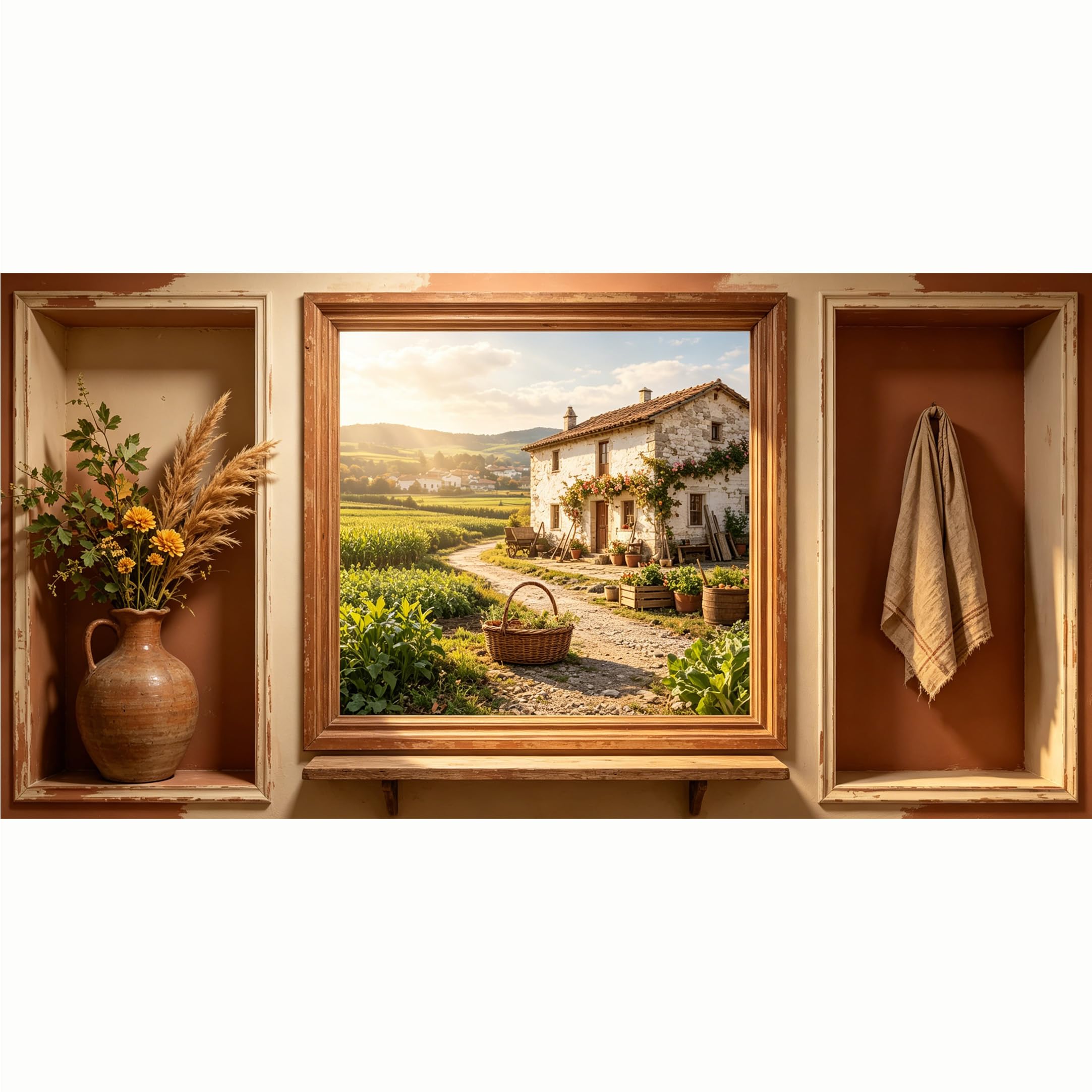 QZLITHOTIC 50x100cm 3D Framed Wall Art， Tuscan Farmhouse Landscape Self‑Adhesive Mural， Water‑Activated Peel & Stick Fabric Decor Wall Decal for Bedroom Living Room