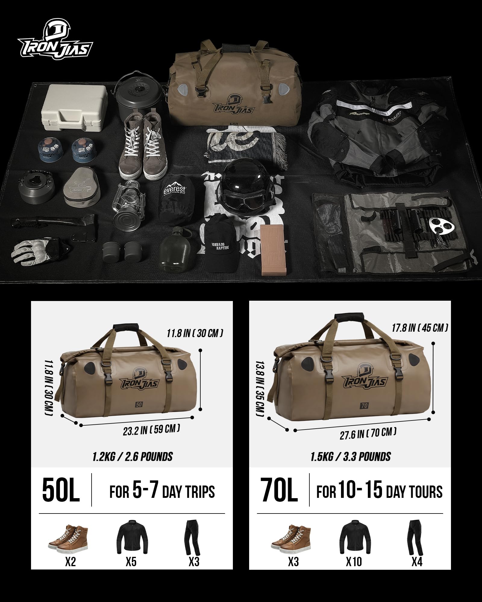 Sacoche Moto Étanche Grapelet 50L - Sac De Selle Aventure - Pour Camping, Pêche, Bateau - Marron