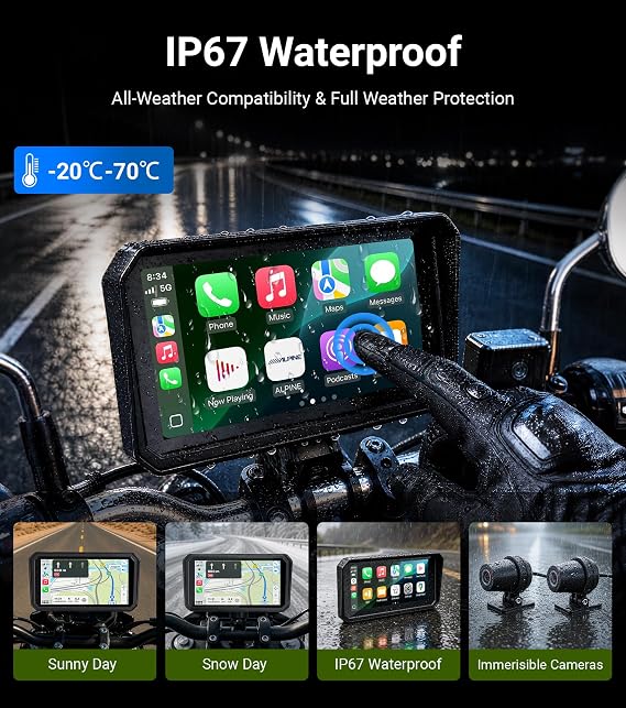 U6 Motorcycle GPS Navigator with Dash Cam, 6 Inch IPS Touchscreen, Supports Android Auto, Dual 1080P Front & Rear Cameras, GPS with Offline Maps, TPMS Supported