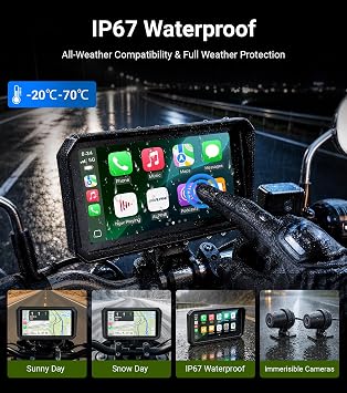 U6 Motorcycle GPS Navigator with Dash Cam, 6 Inch IPS Touchscreen, Supports Android Auto, Dual 1080P Front & Rear Cameras, GPS with Offline Maps, TPMS Supported