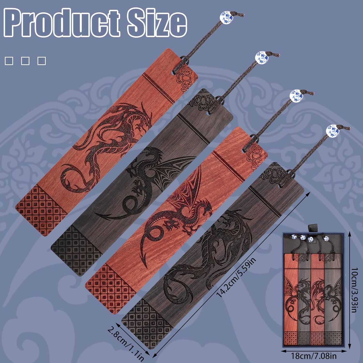 4Pcs Dragon Bookmark Gift, Wood Bookmark for Men Cool Book Marks Box Set Fantasy Christmas Gifts for Men Adults Kids (Dragon) - Image 2