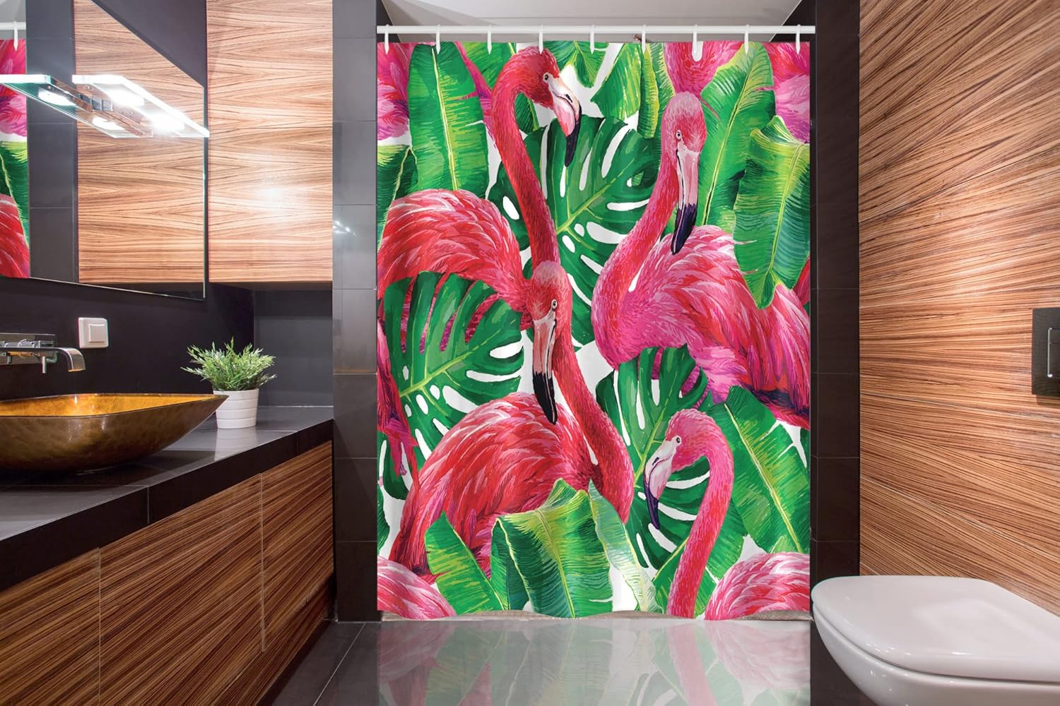 Ambesonne Flamingo Stall Shower Curtain, Flamingos Sitting on Macro Tropic Exotic Leaves Graphic in Retro Style Art, Fabric Bathroom Decor Set with Hooks, 54" W x 78" L, Pink Green