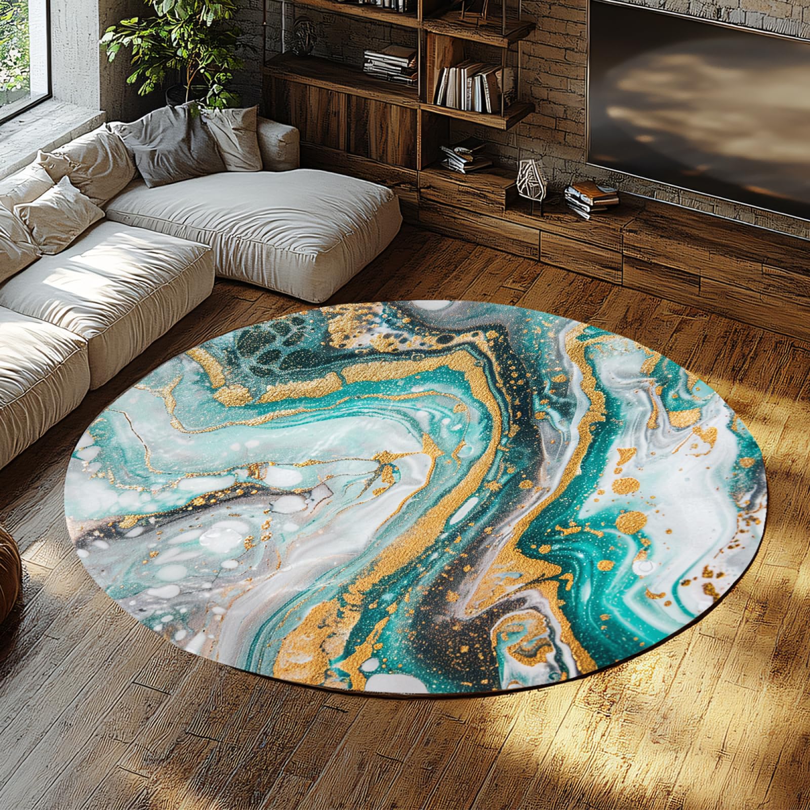 Tapis rond marbre turquoise pour salon cosy et bureau 60cm