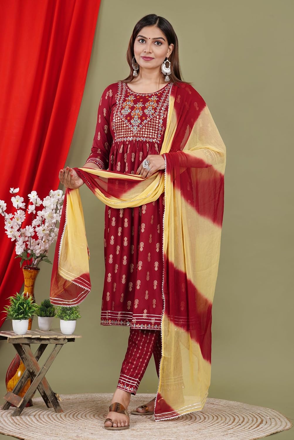 Indian Women's wear Rayon Handwork Kurti/Kurta/Tunics, Pant With Cotton Dupatta Ready To Wear Salwar Suit Dress