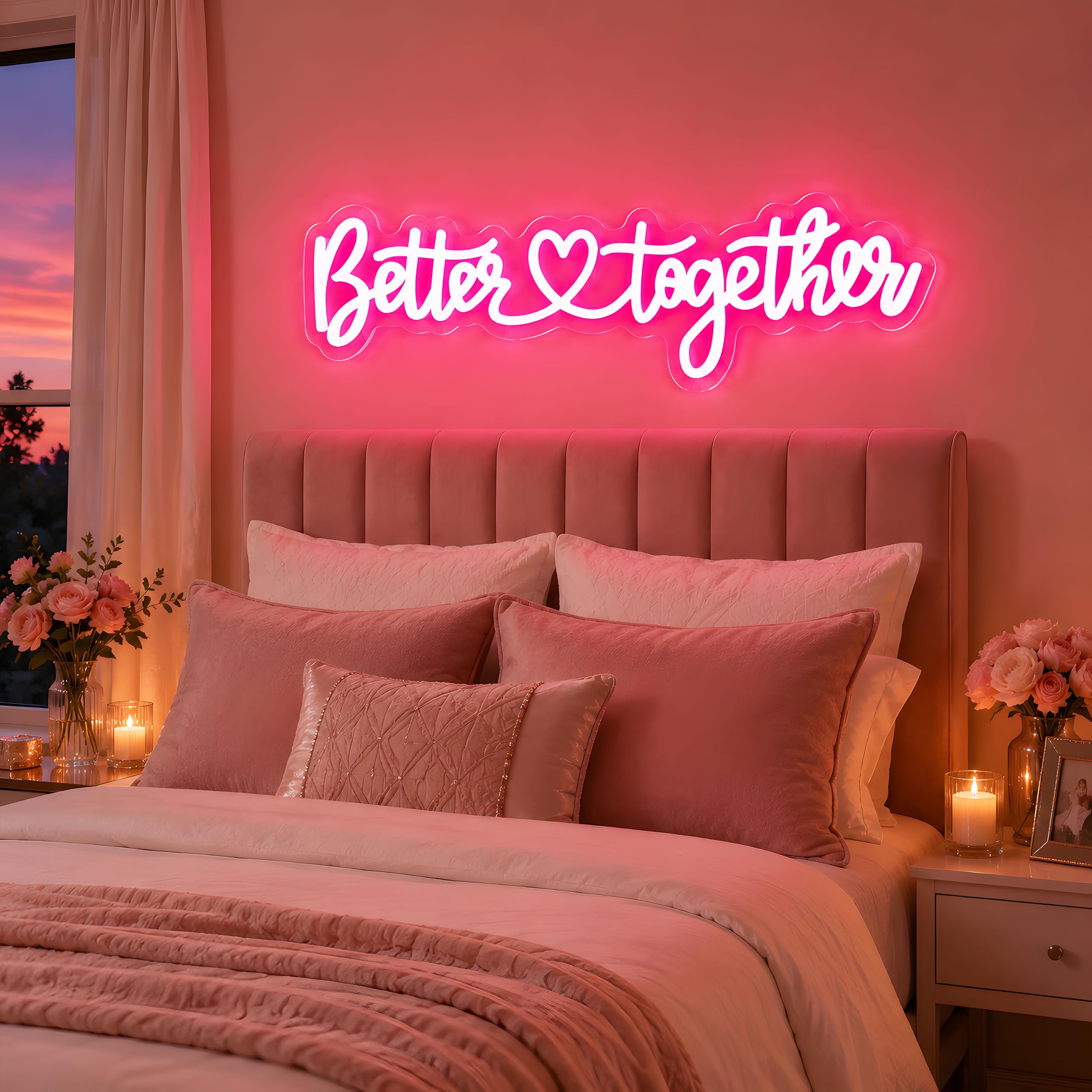 Better Together Neonschild für Wanddekoration, USB-betrieben, dimmbar, rosa Schrift, LED-Wortlicht für Hochzeit, Verlobung, Party, Brautparty, Schatz, Tisch, Paar, Geschenk