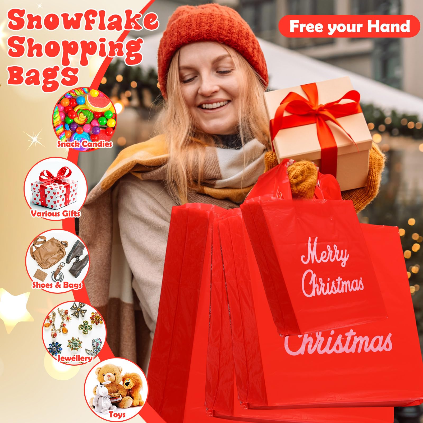 Teling Lot de 120 sacs cadeaux de Noël avec poignée - 3 tailles - Multifonctionnels - En plastique - 15,2 x 20,3 cm - 22,9 x 30,5 cm - 30,5 x 38,1 cm - Pour fournitures de fête de Noël, affaires