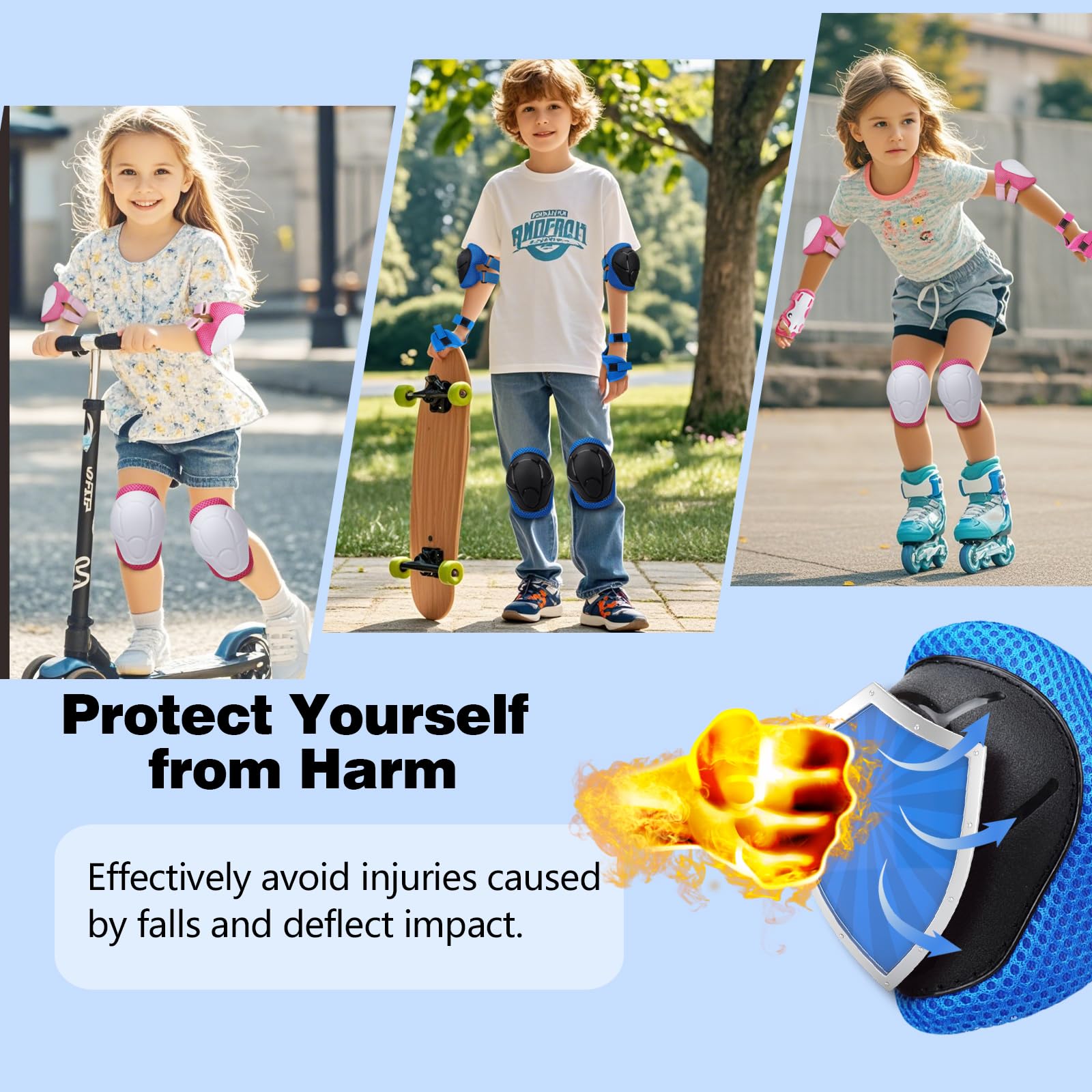 Ginocchiere per bambini, 6 in 1, per ragazzi e ragazze, set di protezioni per il polso per bambini di 3 – 8 anni, per pattinaggio, ciclismo e skateboard