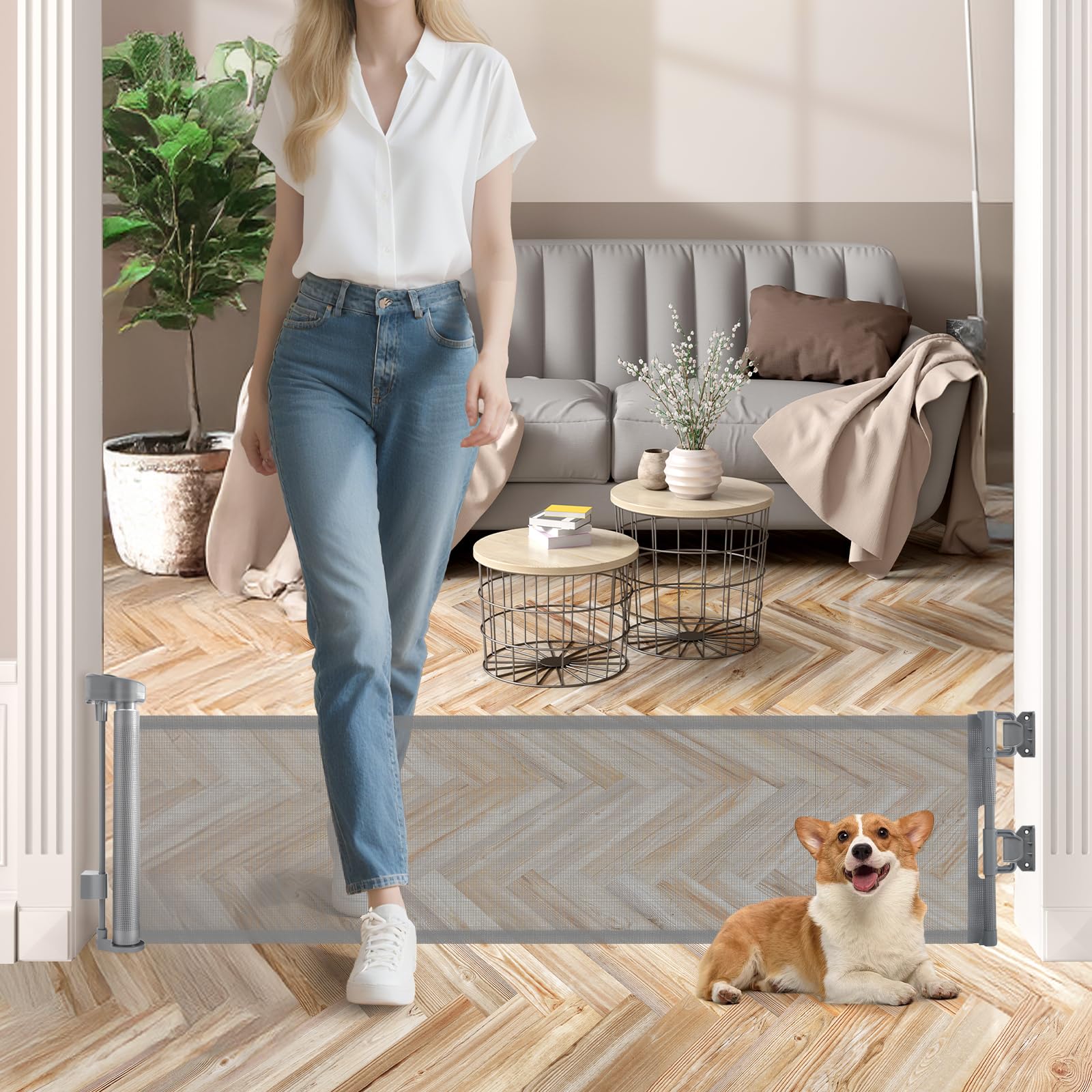 Photo 1 of Short Dog Gate, 14" H Retractable Dog Gates, Mesh Retractable Step Over Pet Gates Puppy Gate, Extended up to 55" Wide for Stairs & Doorways Hallways - Drilling Required (Grey)