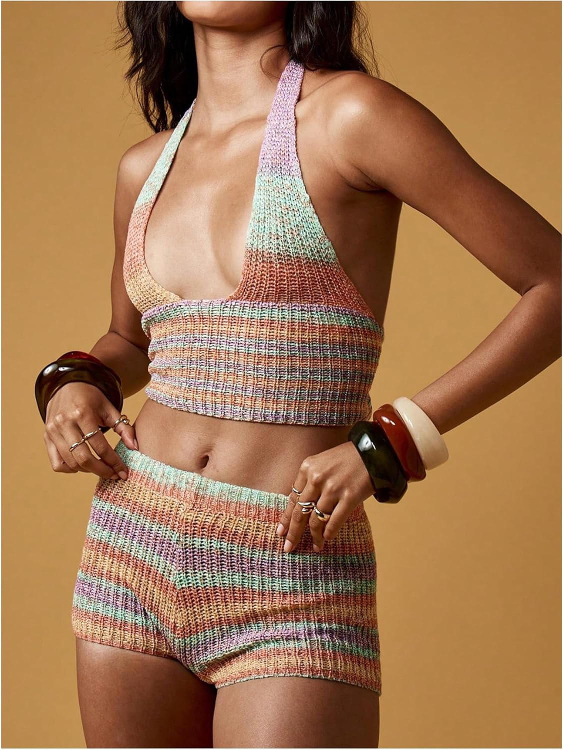 SHENHE Women's Y2k 2 Piece Knit Outfits Colorful Striped Halter Crop Top Micro Shorts Sexy Set - Image 4