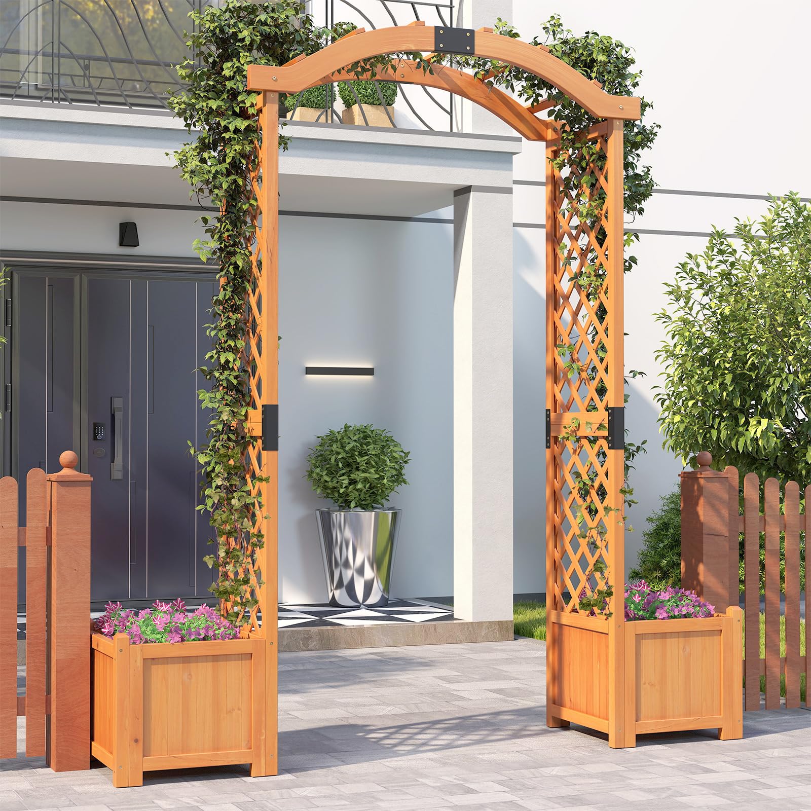 GOPLUS Arche de Jardin avec 2 Jardinières Surélevées 200CM,Jardinières avec Treillis Arqué pour Plantes Grimpantes Fleurs Herbes Légumes Fruits en Bois Massif, Porte Allée Jardin