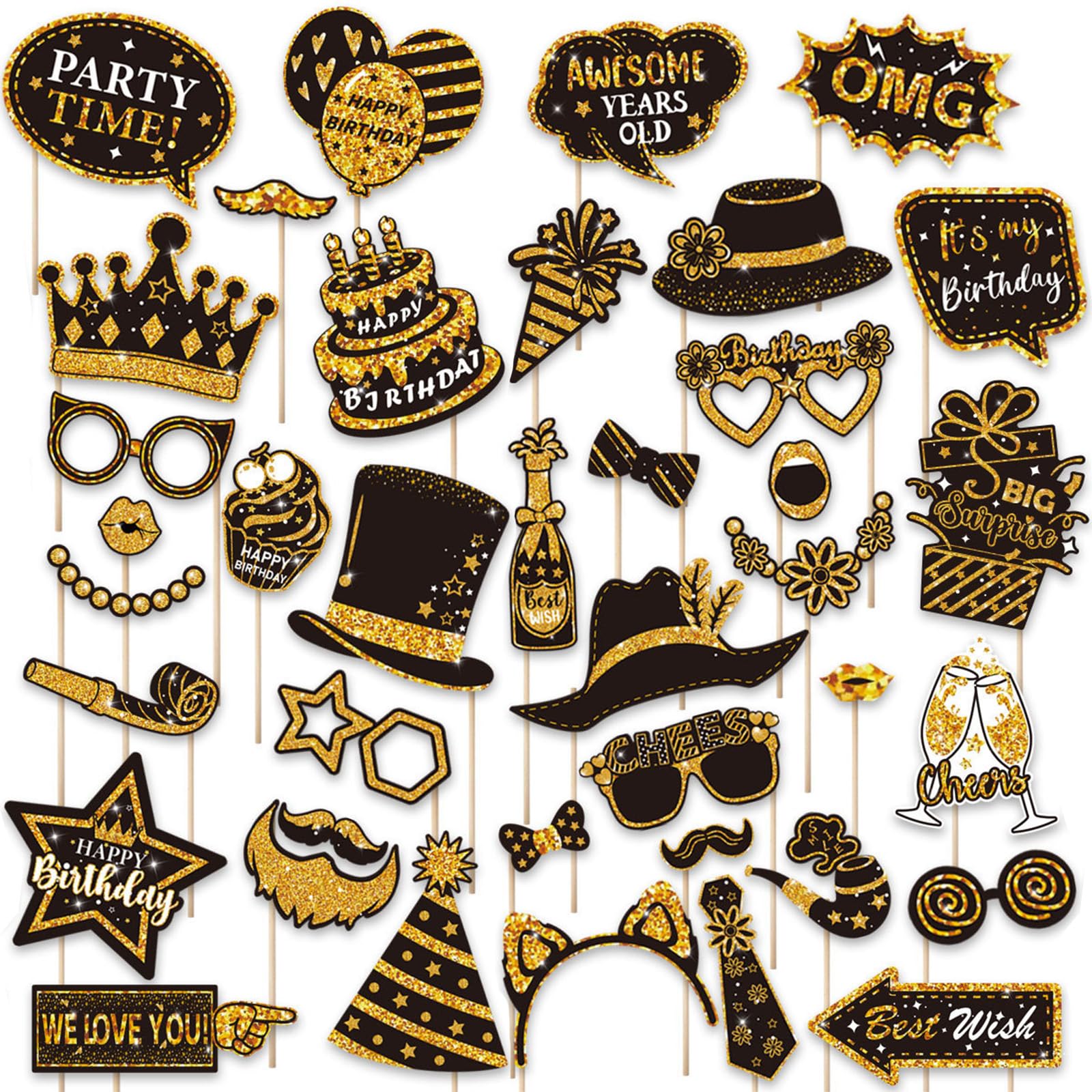 AURALIN Birthday Photo Booth Props 38 Pieces, Party Accessories Kit with Selfie Signs, Moustache, Hats, Crowns and Speech Bubbles for Birthday Decorations, Pink Blue Gold Purple Options (Gold)