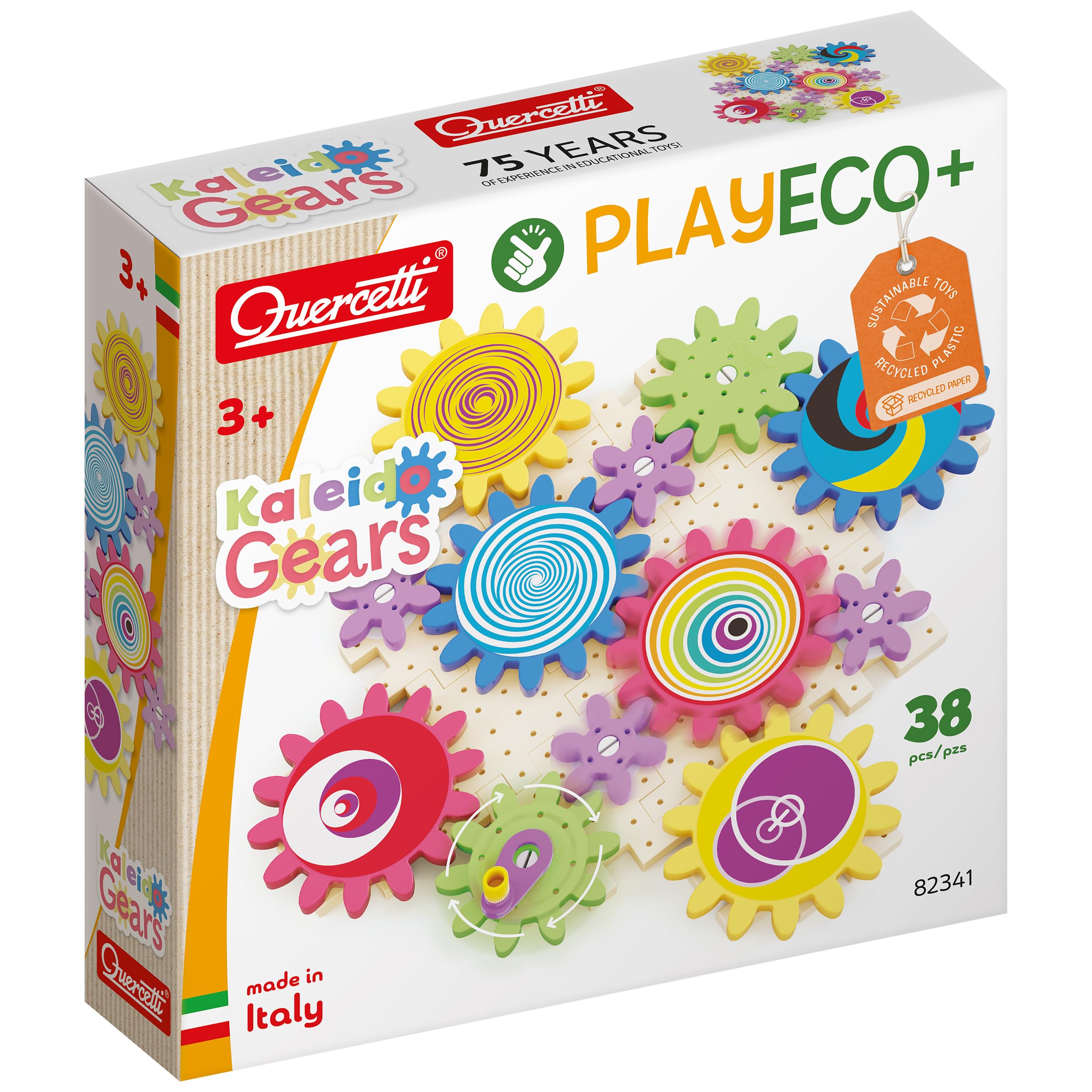 Quercetti Play Eco+ Kaleido Gears Crank Mechanics Chain Reaction Childrens Toy