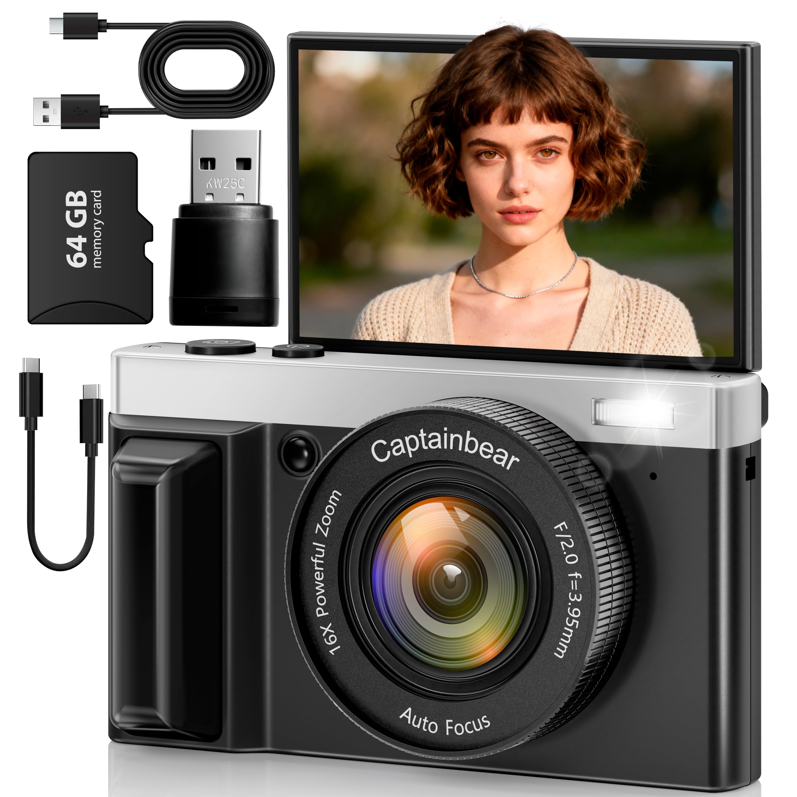 4K Digital Camera,64MP Cameras for Photography with 16X Digital Zoom, AutoFocus Vlogging Camera for YouTube, 3" 180°Flip Screen Compact Travel Camera, Anti-Shake 4K Video Cameras