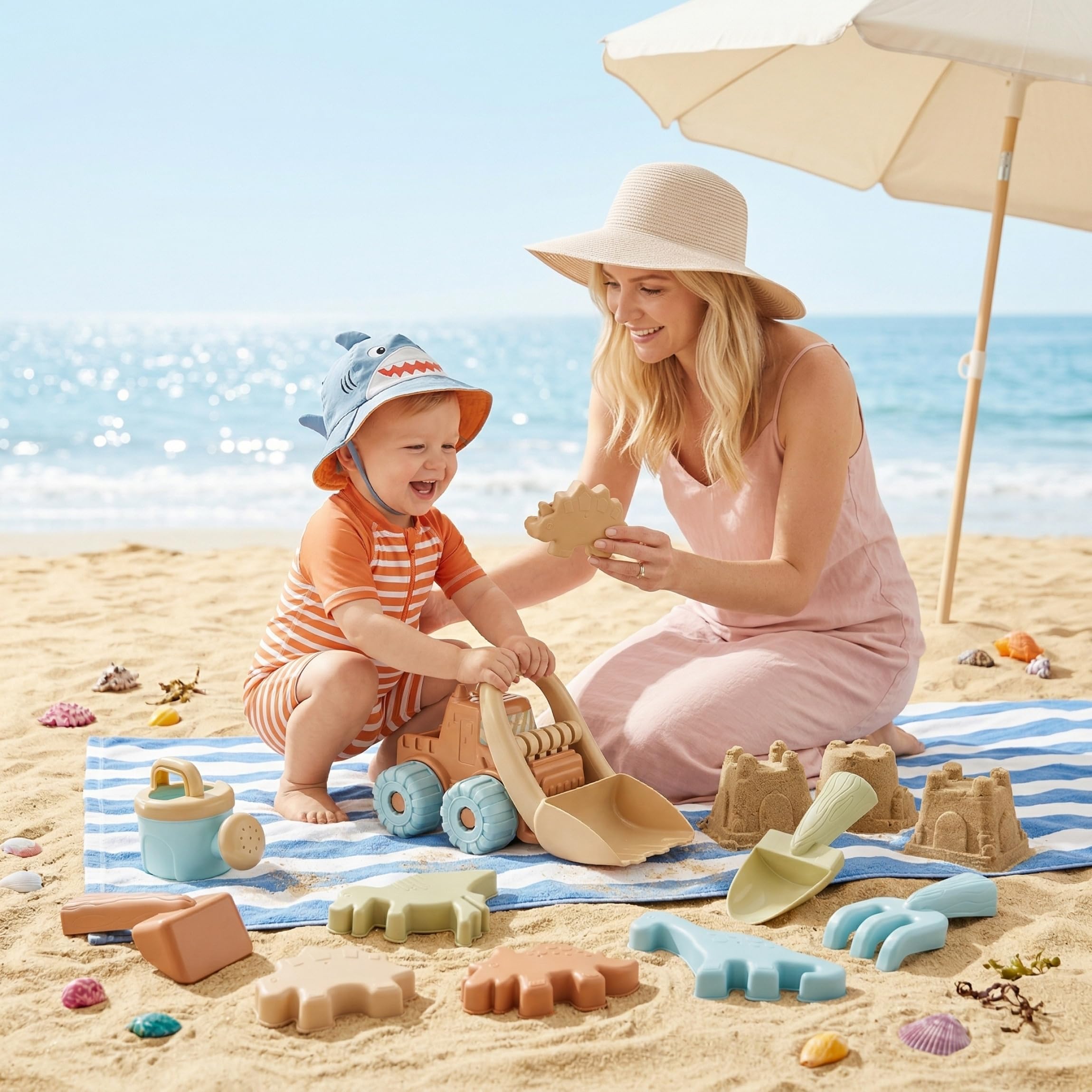 Strandspielzeug-Set, 10-teilig, Strandspielzeug für Kleinkinder, Sandwerkzeug mit Muldenkipper und Formen, Spielzeugset für Kinder im Freien, Sandkasten und Spielen