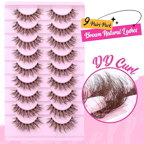 Miniatura 5 de Pestañas postizas marrones, pestañas postizas de visón de aspecto natural, esponjosas, pestañas transparentes con banda de rizo DD, paquete de 9