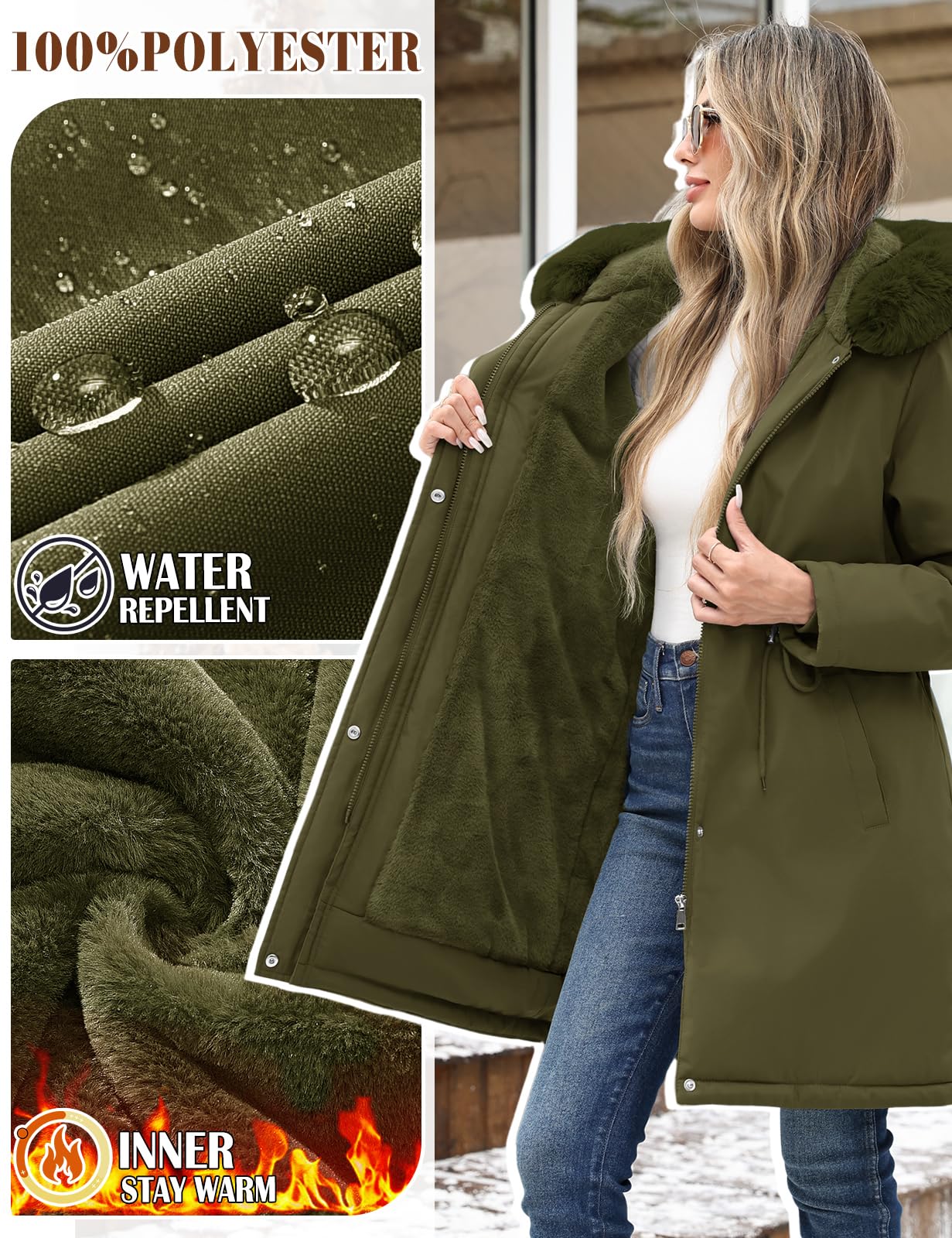 Yuson Girl Chaqueta Mujer Invierno Abrigo de Largo Parka Capucha Acolchado Gruesa Chaquetas Cálido Jacket Elegante Chaquetón para Exteriores con Bolsillos y Cremallera