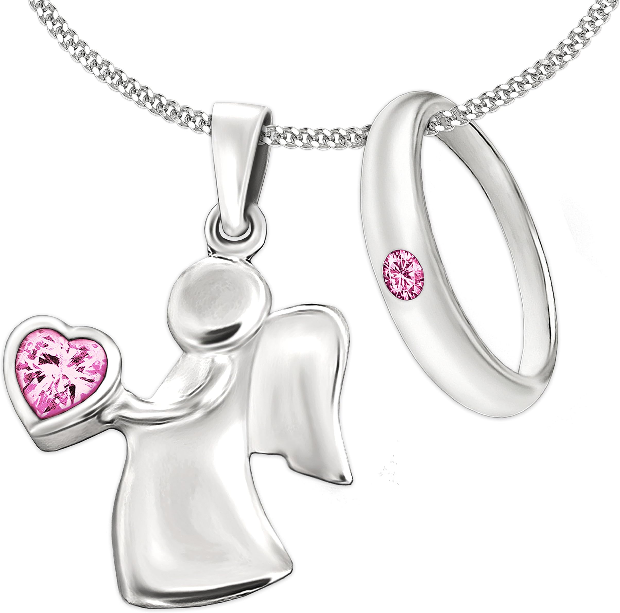 CLEVER SCHMUCKSet of 2 jewellery pieces, a silver angel pendant, 15 mm, with a pink zirconia heart in the hand, together with a 38 cm 925 sterling silver chain, by Clever Schmuck