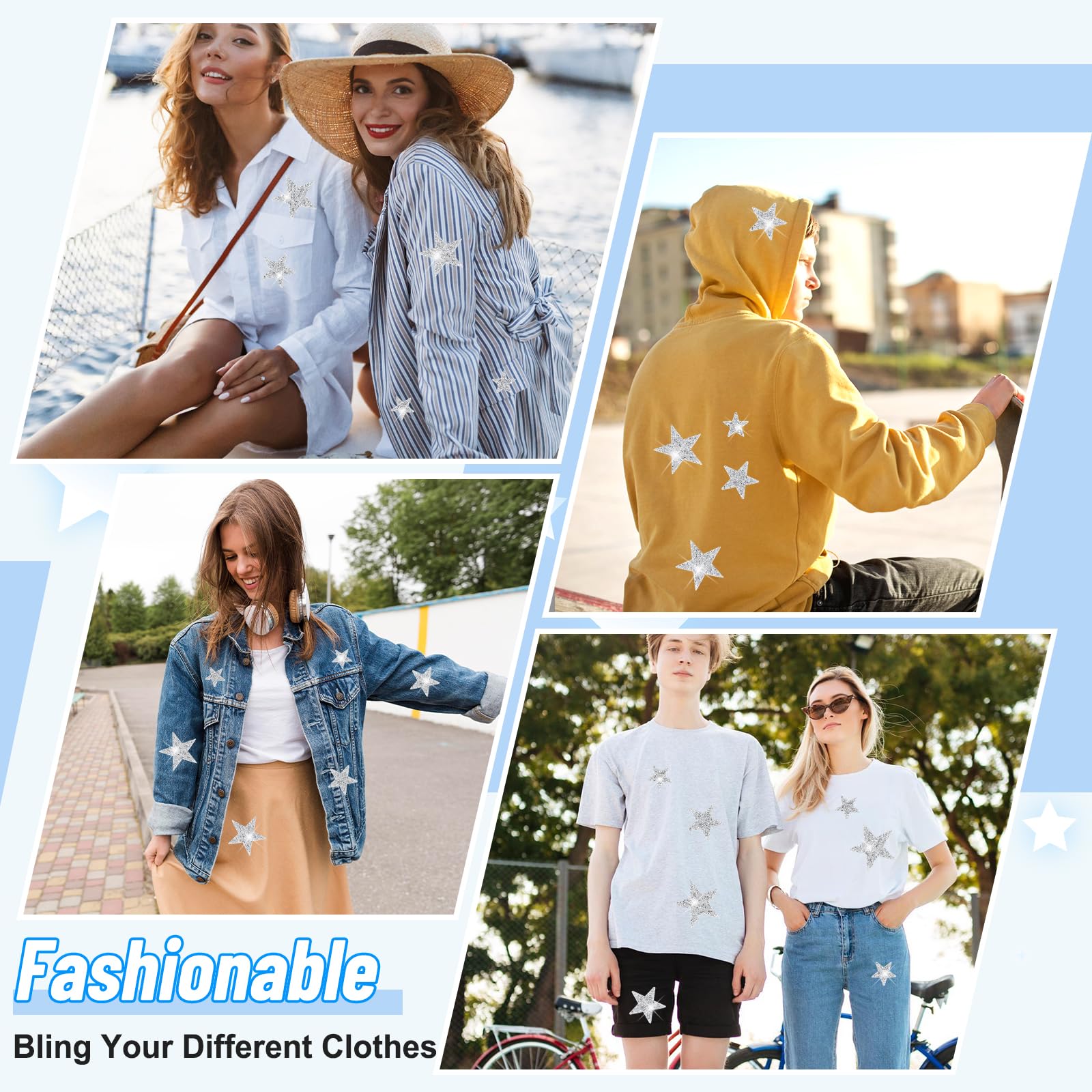 80 parches de estrella para planchar, 3 tamaños, parches adhesivos de diamantes de imitación plateados, parches brillantes en forma de estrella con 3 kits de costura, agujas de hilo para ropa, jeans,