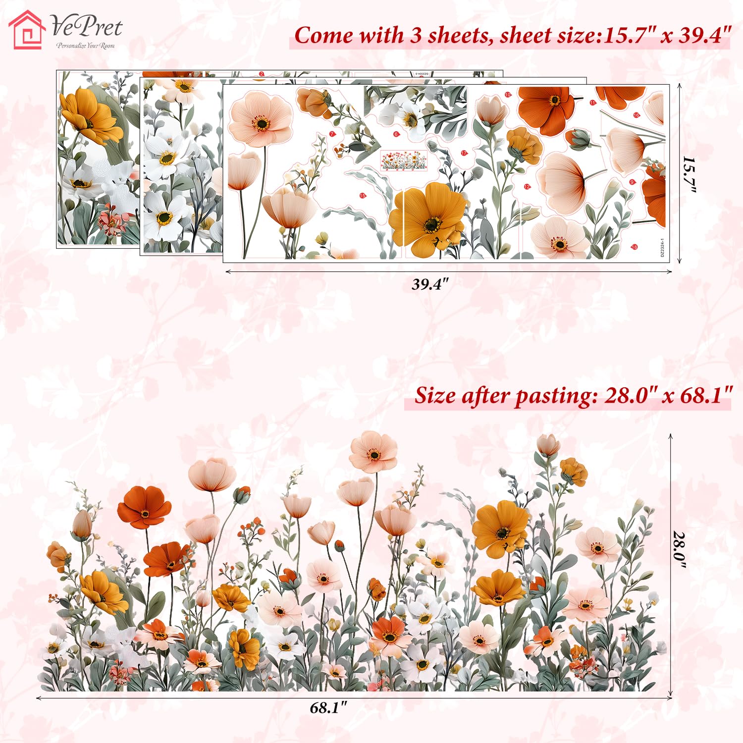 VePret Large Pink Wildflowers Wall Decals, Peel and Stick Removable Floral Botanical Wall Stickers - Image 3