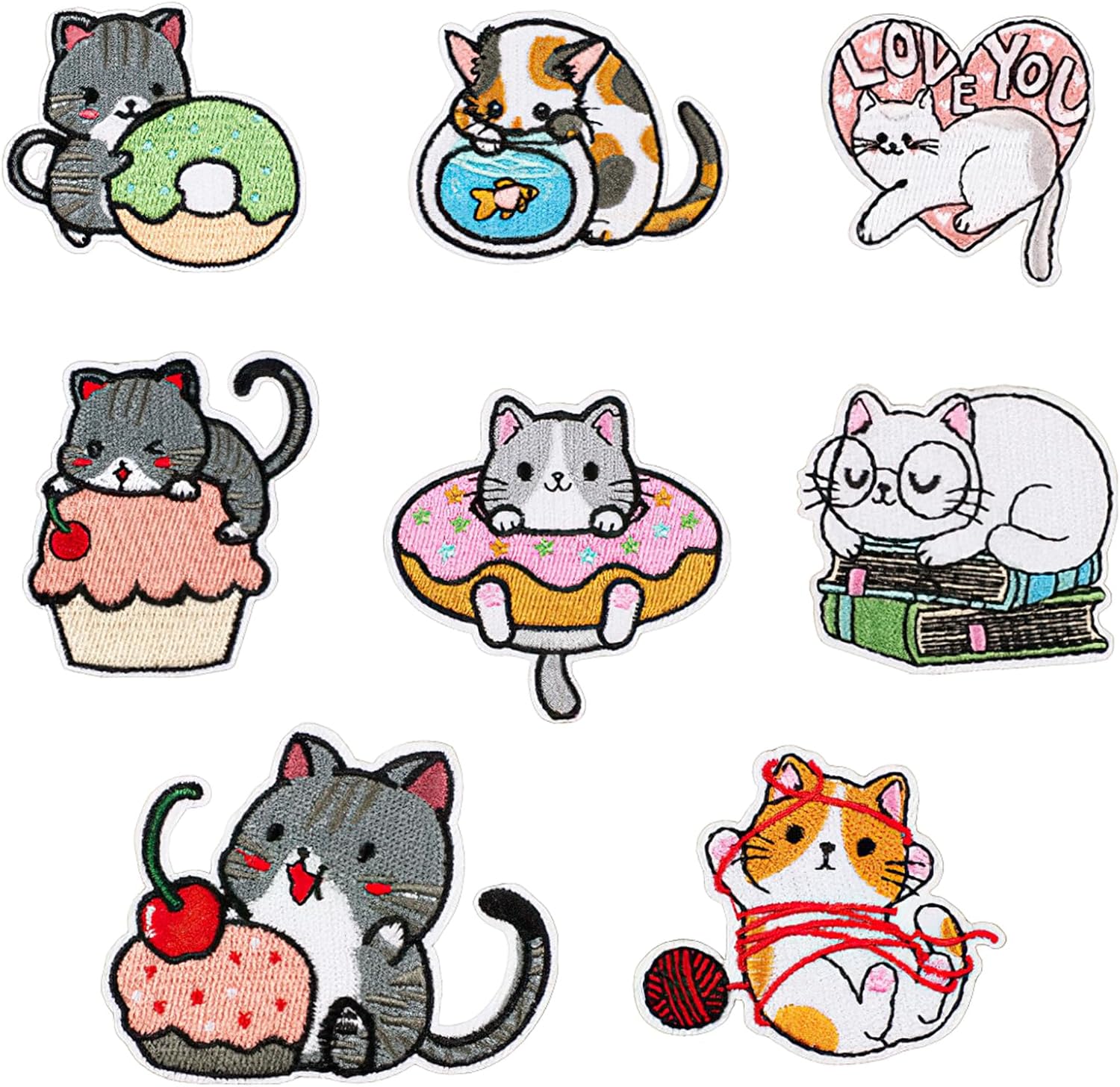 8PCS Cat Iron on Patches Cat Applique Patches, Cute Cat Sewing Applique
