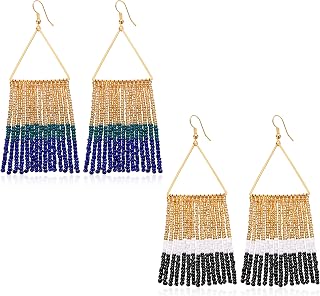 2 Pairs Beaded Tassel Earrings Handmade Seed Bead Earrings for Women Girls Boho Beaded Fringe Drop Earrings