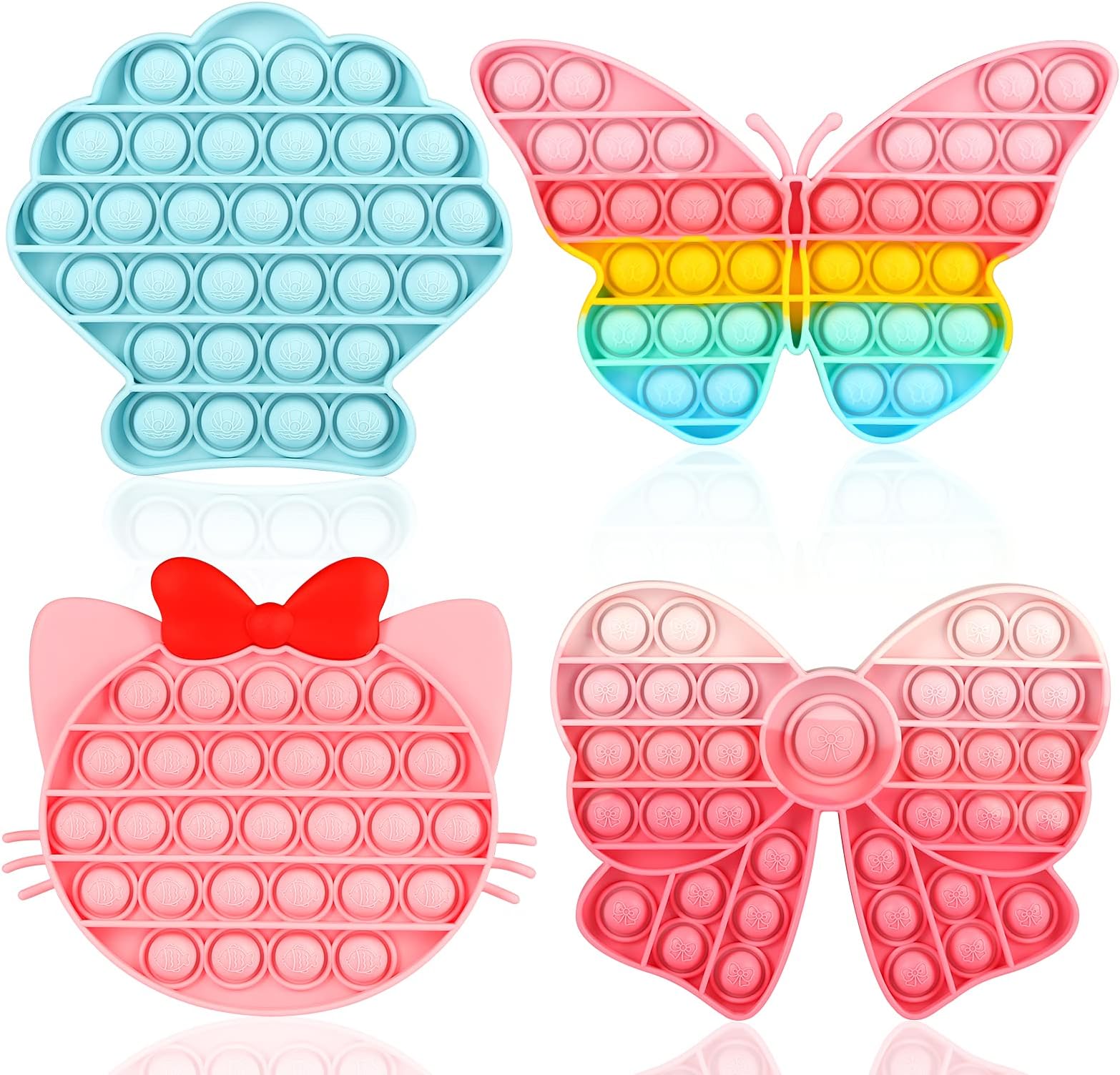 ASONA Girls Push Bubble Fidget Toys 4 Packs with Pop Sound, Pastel Rainbow Butterfly Pink Cute Kitten Cat Bow Blue Seashell Popper Autism Sensory Stress Reliever Toys for Toddlers Kids Car Travel