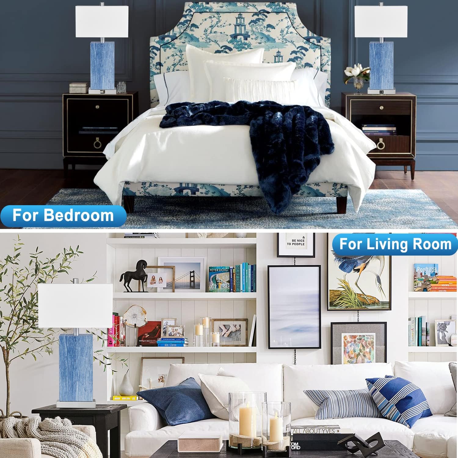 24” Tall Touch Control Table Lamps Set of 2, Blue Navy Lamps w/ USB& Type C Ports, Dimmable Coastal Bedside Nightstand Lamp White Shade, Large Lamps for Living Room End table Bedroom (Bulbs Included)