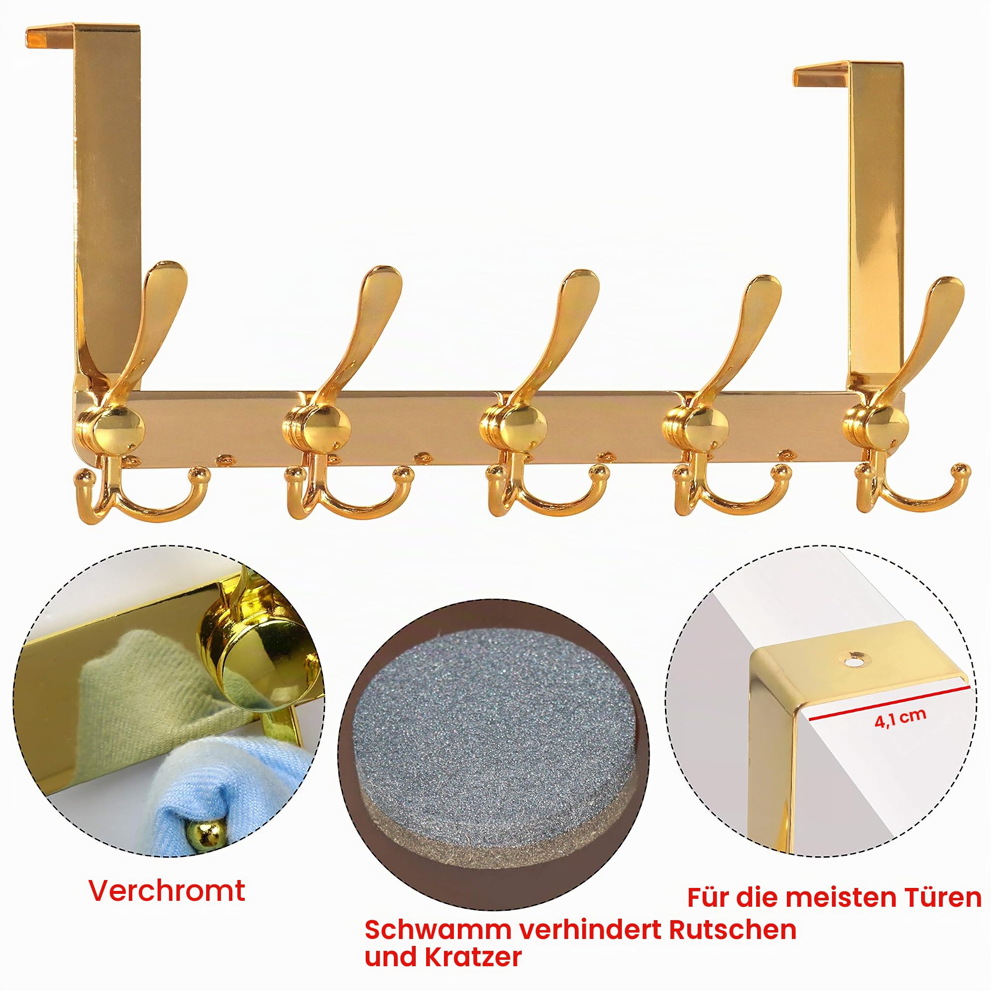 Dseap Türgarderobe zum Einhängen, Edelstahl Türhaken Innenseite, Türhakenleiste, Kleiderhaken Tür, Türaufhänger, für Kleidung Hut Handtuch Mantel, mit 5 Dreifachhaken, Gold