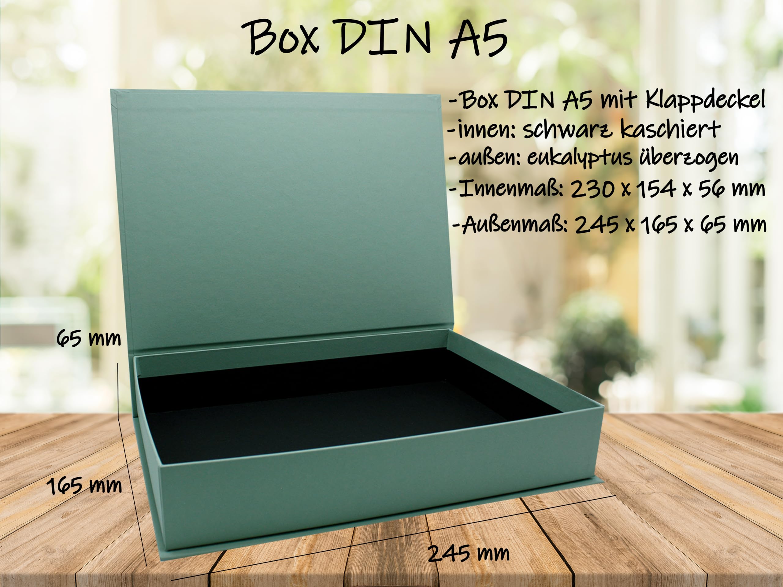 NEUSER PAPIER Caja de regalo con tapa abatible, 8 unidades, DIN A5, tapizado en eucalipto, interior negro, 245 x 165 x 65 mm, caja de almacenamiento
