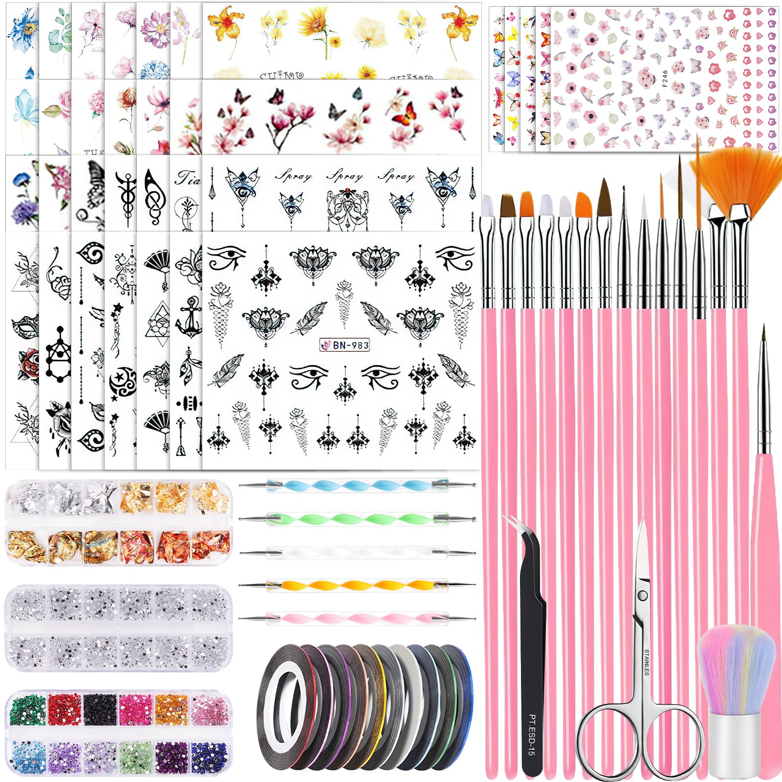 TAVADA Nagel-Kunst-Set – 15 Pinsel, 5 Punktstifte, Glitzer & Strasssteine Für Maniküre Zu Hause
