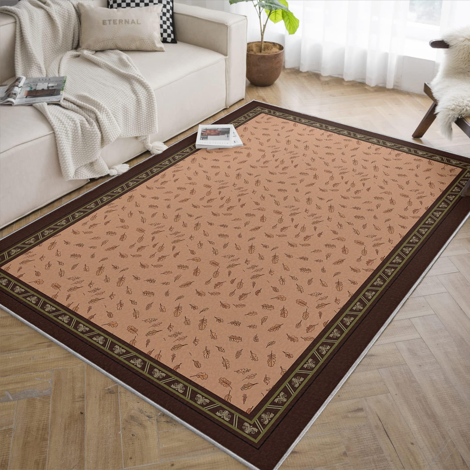 Beżowe dywany do salonu: można prać w pralce antypoślizgowe z wzorem rzuconych liści i ciemnym dywanikiem do jadalni i kuchni 120 x 180 cm