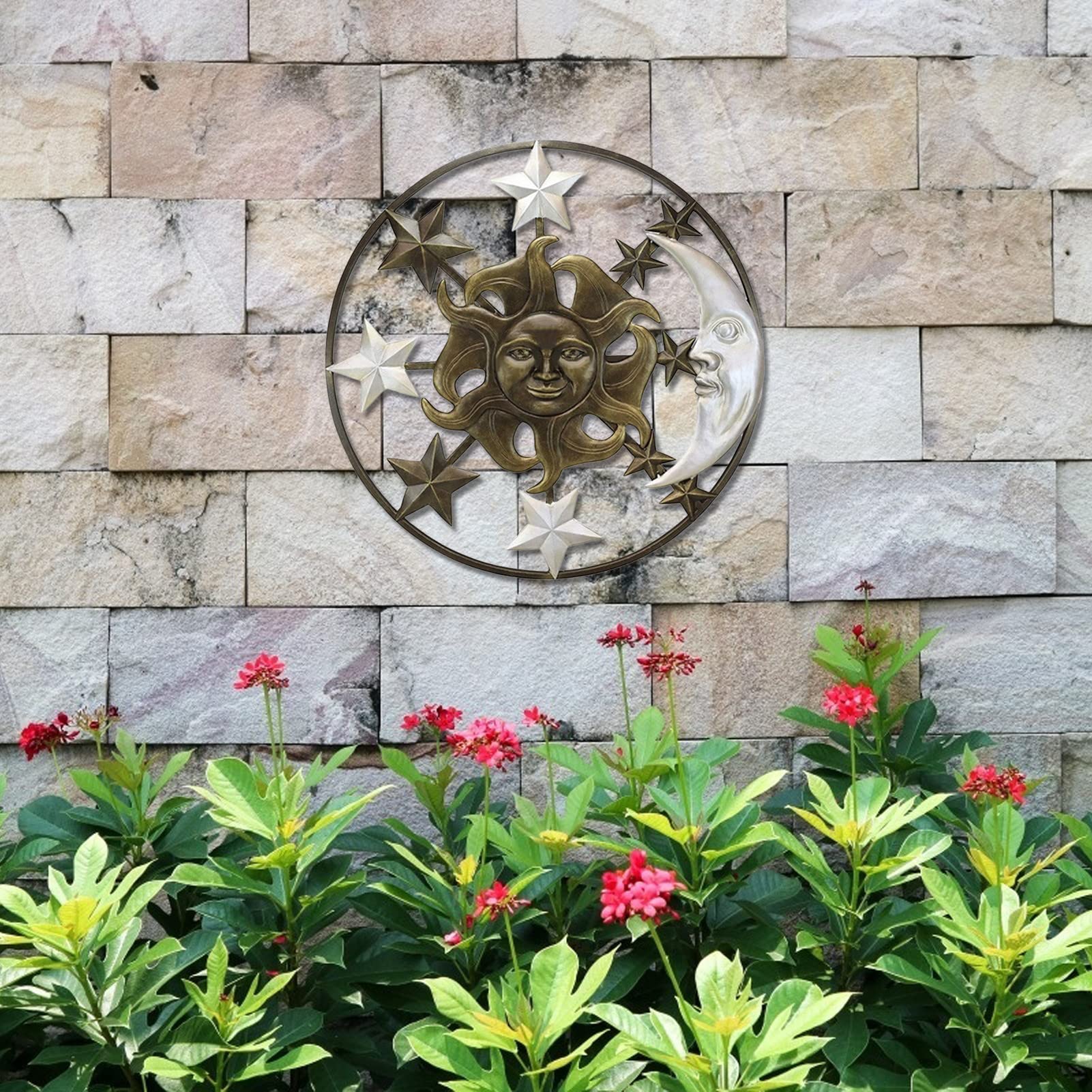 MUMTOP Metall Sonne Mond Wanddekoration – 33,7x33,7 Cm, Für Innen & Außen, Garten, Wohnzimmer